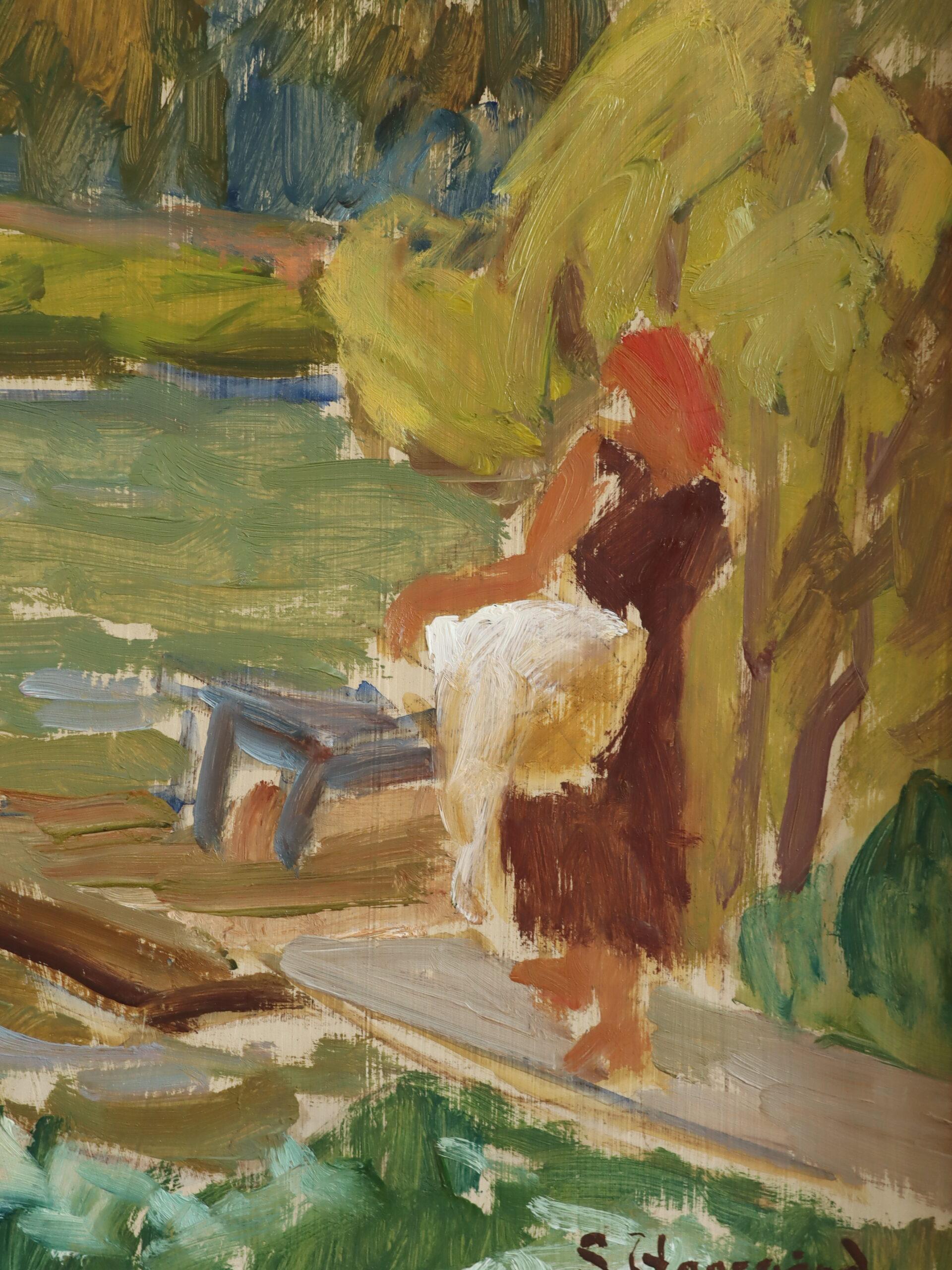 Mid Century Modern Expressive Landscape Oil Painting - Afternoon by the Lake For Sale 6
