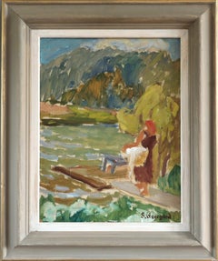 Mid Century Modern Expressive Landscape Oil Painting - Afternoon by the Lake