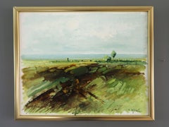 Peinture à l'huile de paysage expressif du milieu du siècle dernier - Champs au printemps