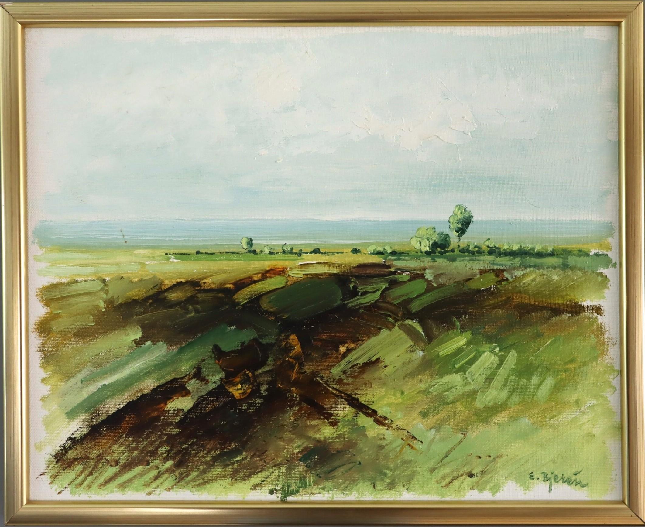 Unknown Landscape Painting - Mid Century Modern Expressive Landscape Oil Painting - Fields in Springtime