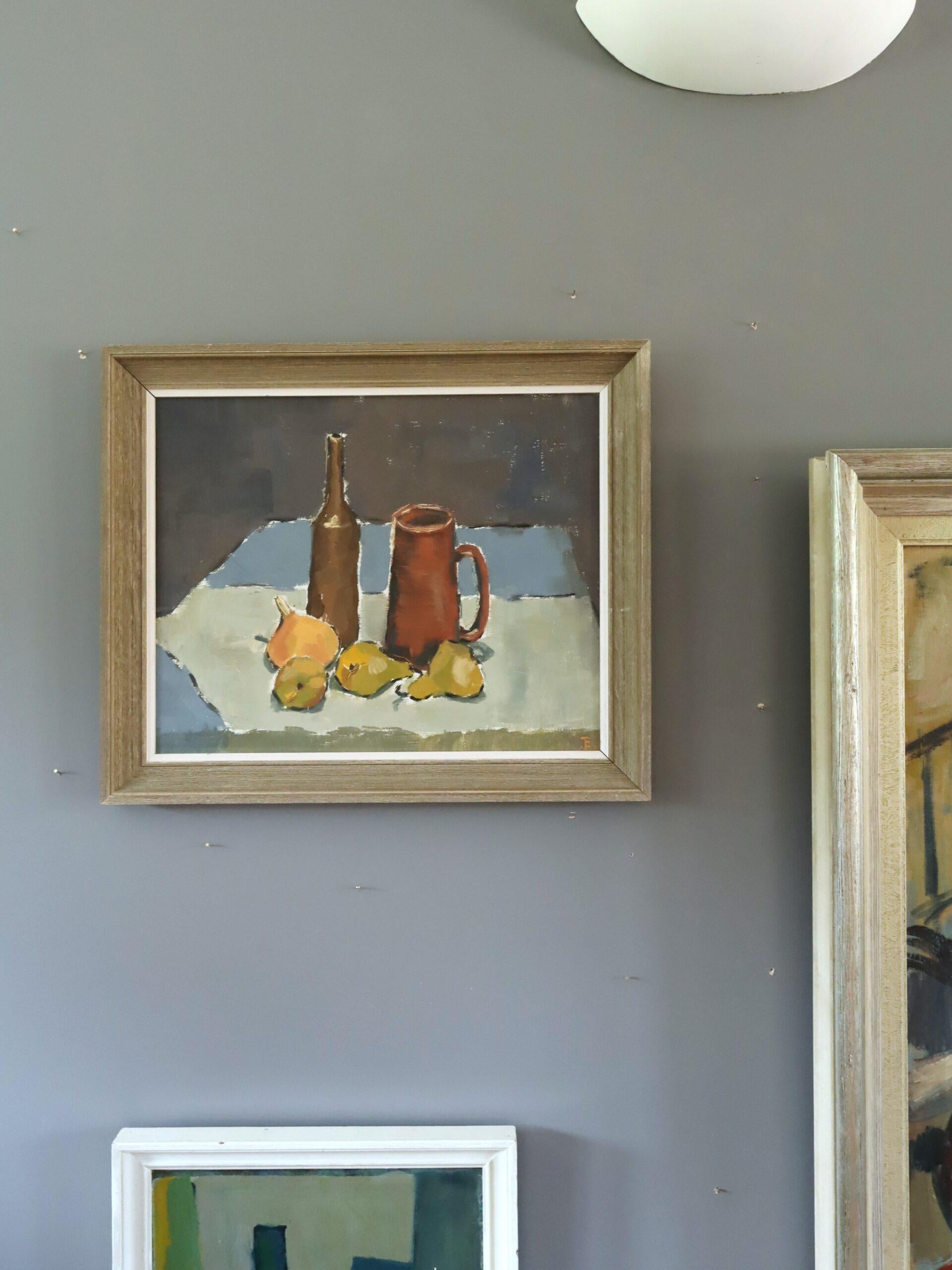 Mid Century Modern Expressive Stillleben Ölgemälde - Obst & Steingut (Braun), Still-Life Painting, von Unknown