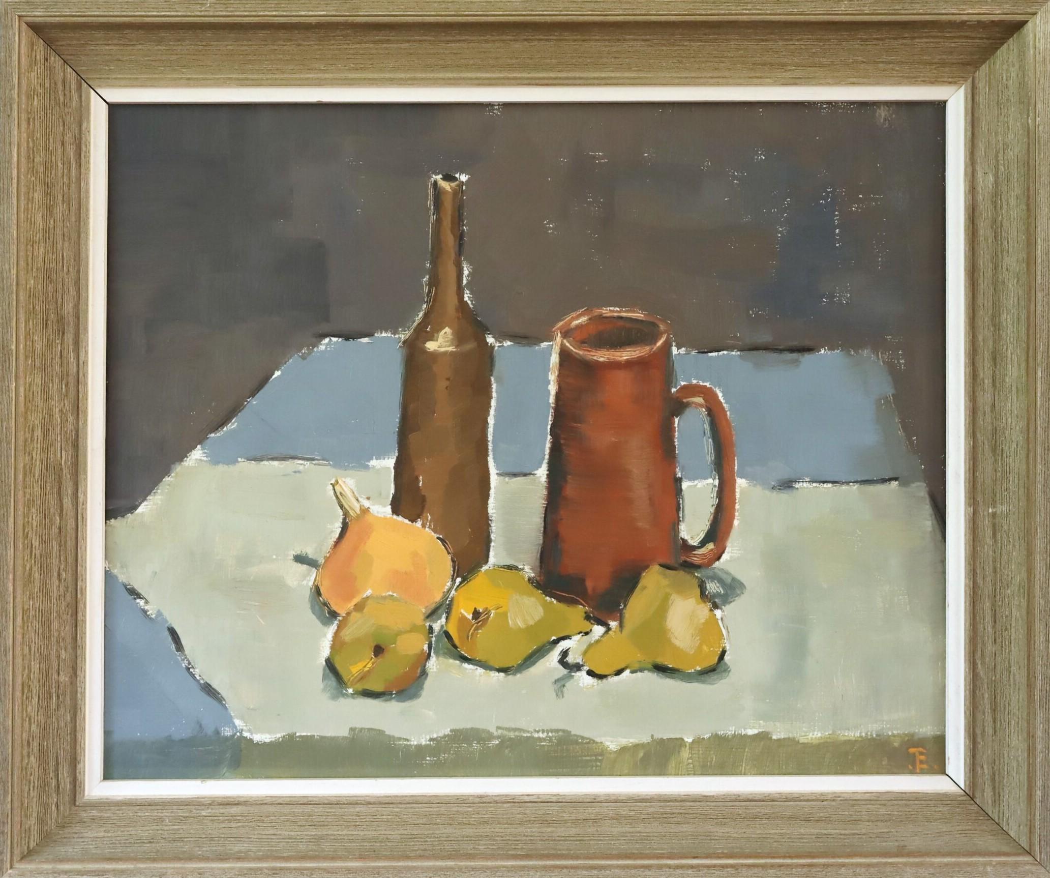 Unknown Still-Life Painting – Mid Century Modern Expressive Stillleben Ölgemälde - Obst & Steingut