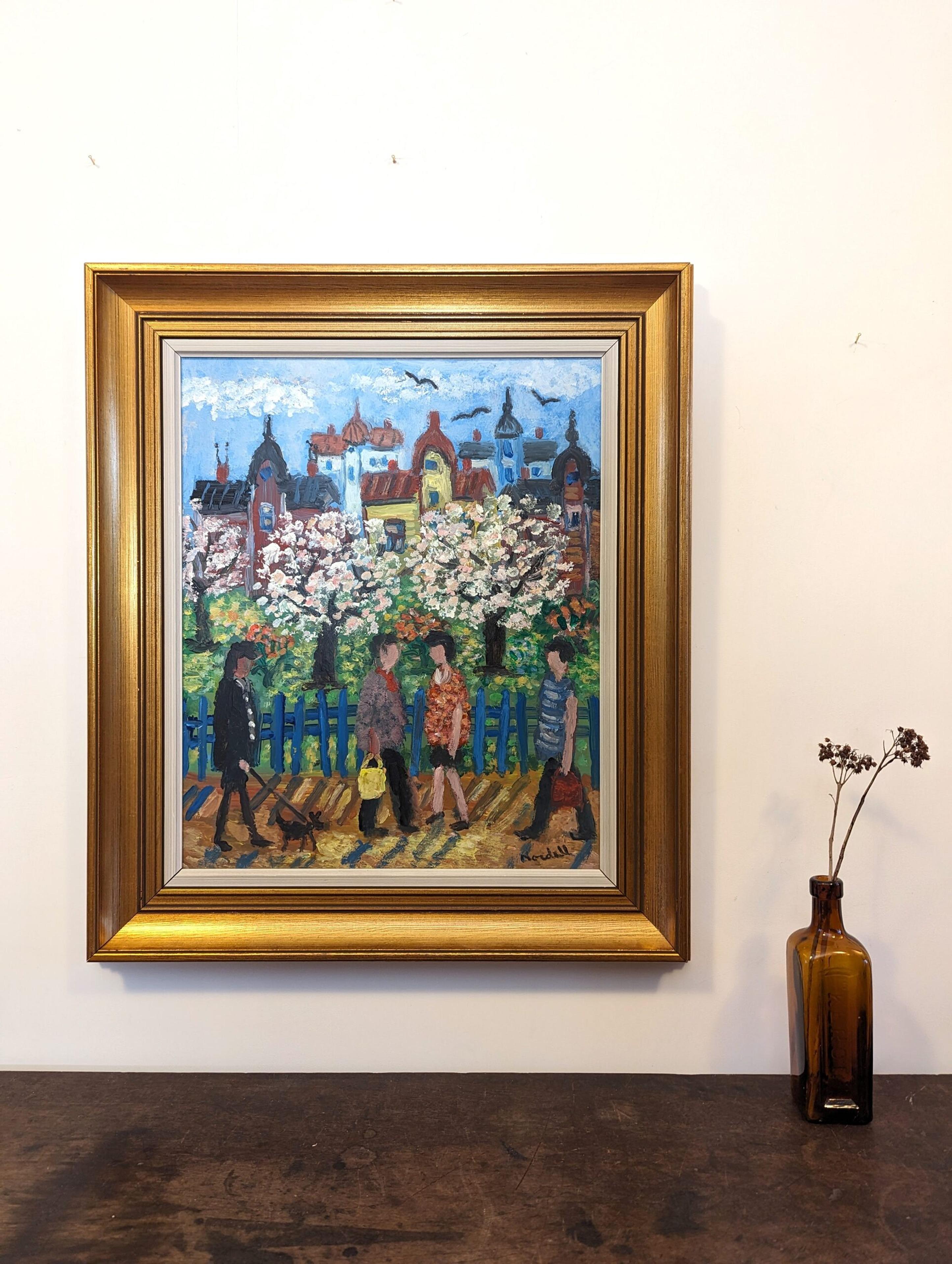 Mid-Century Modern Expressive Street Scene Framed Oil Painting - Crossing Paths For Sale 1