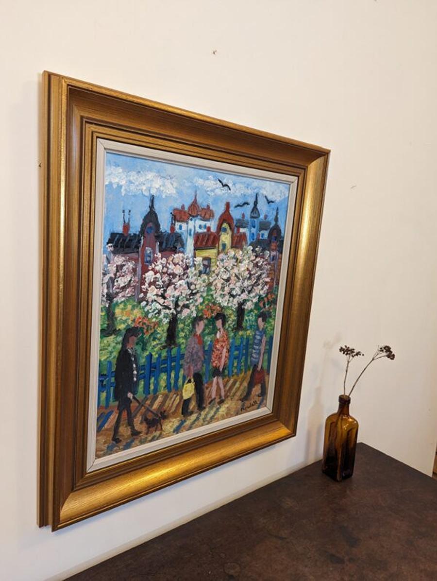 Mid-Century Modern Expressive Street Scene Framed Oil Painting - Crossing Paths For Sale 2