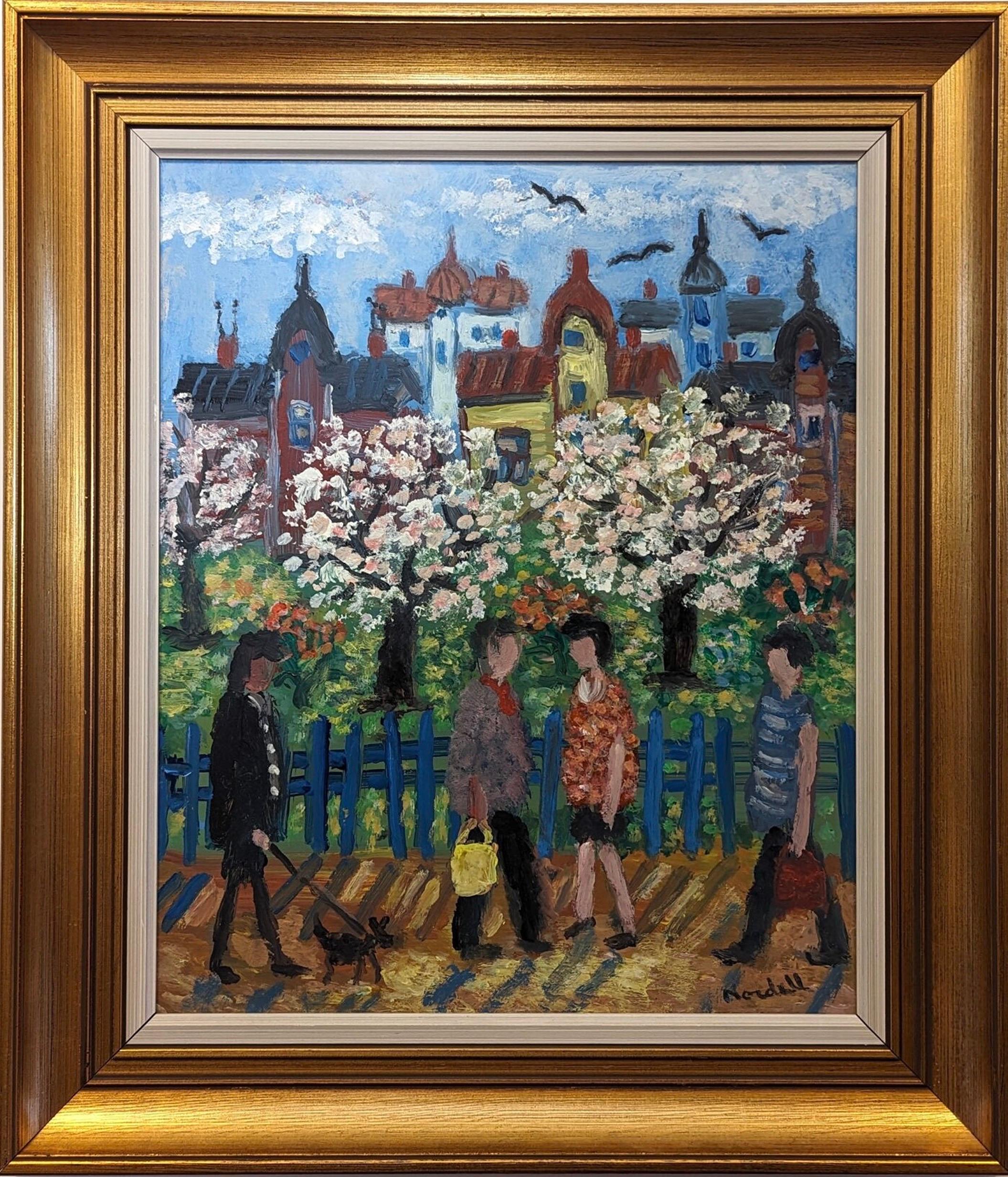Unknown Figurative Painting - Mid-Century Modern Expressive Street Scene Framed Oil Painting - Crossing Paths