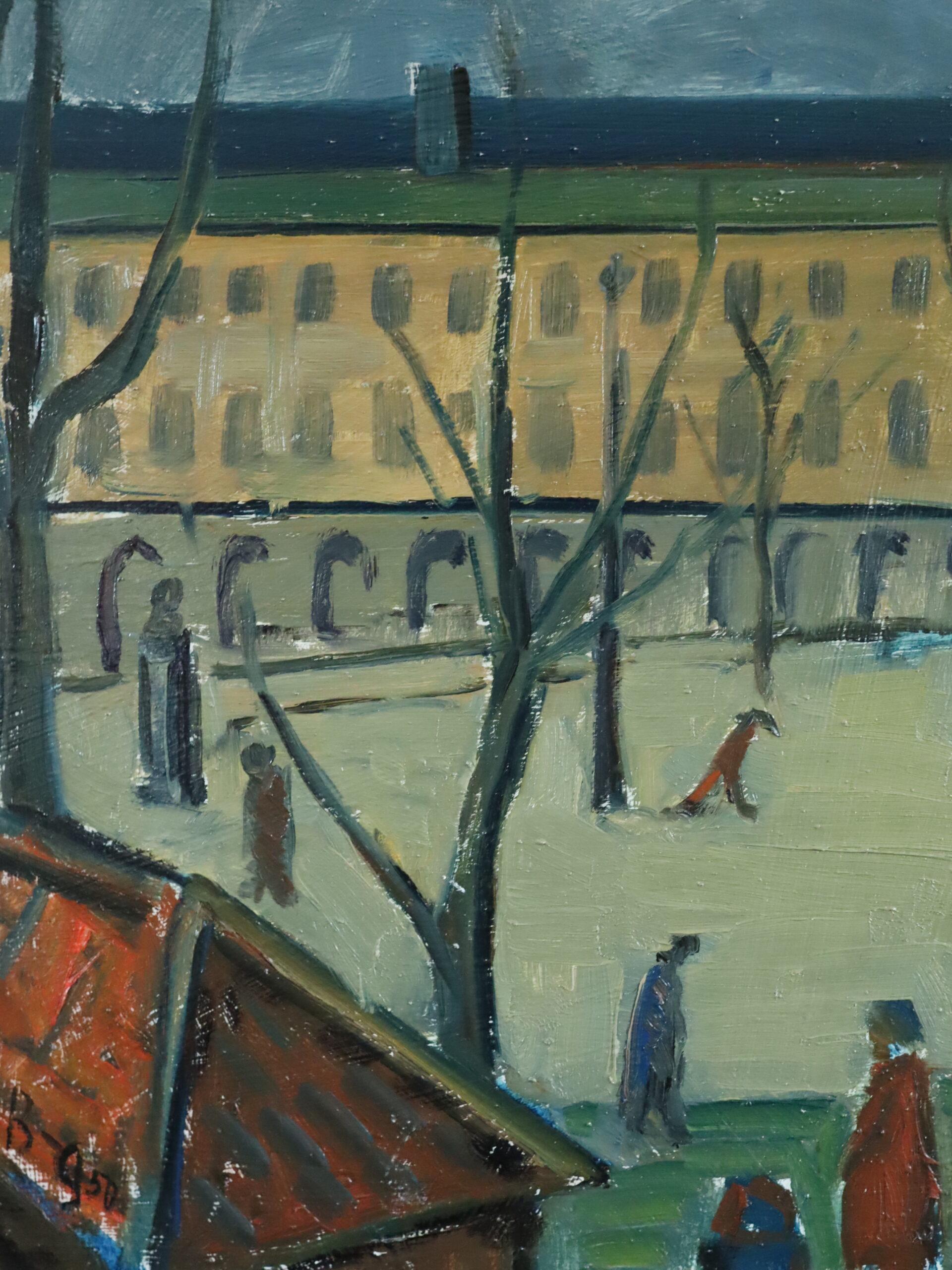 Pittura ad olio di una scena di strada espressiva della metà del secolo scorso - Momenti di passaggio in vendita 5