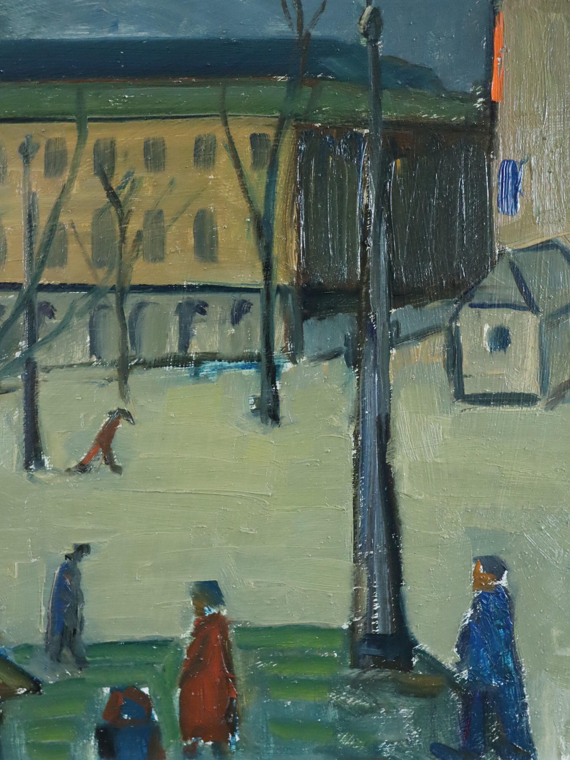 Pittura ad olio di una scena di strada espressiva della metà del secolo scorso - Momenti di passaggio in vendita 6