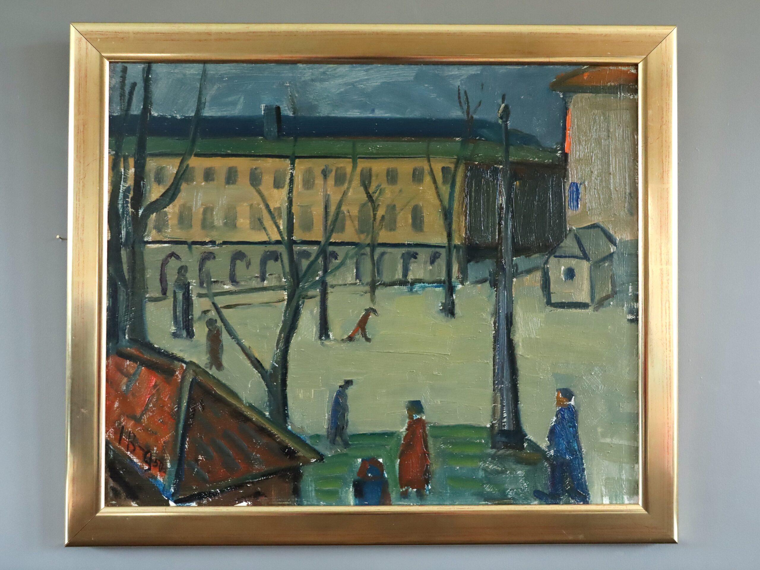 Pittura ad olio di una scena di strada espressiva della metà del secolo scorso - Momenti di passaggio - Painting di Unknown