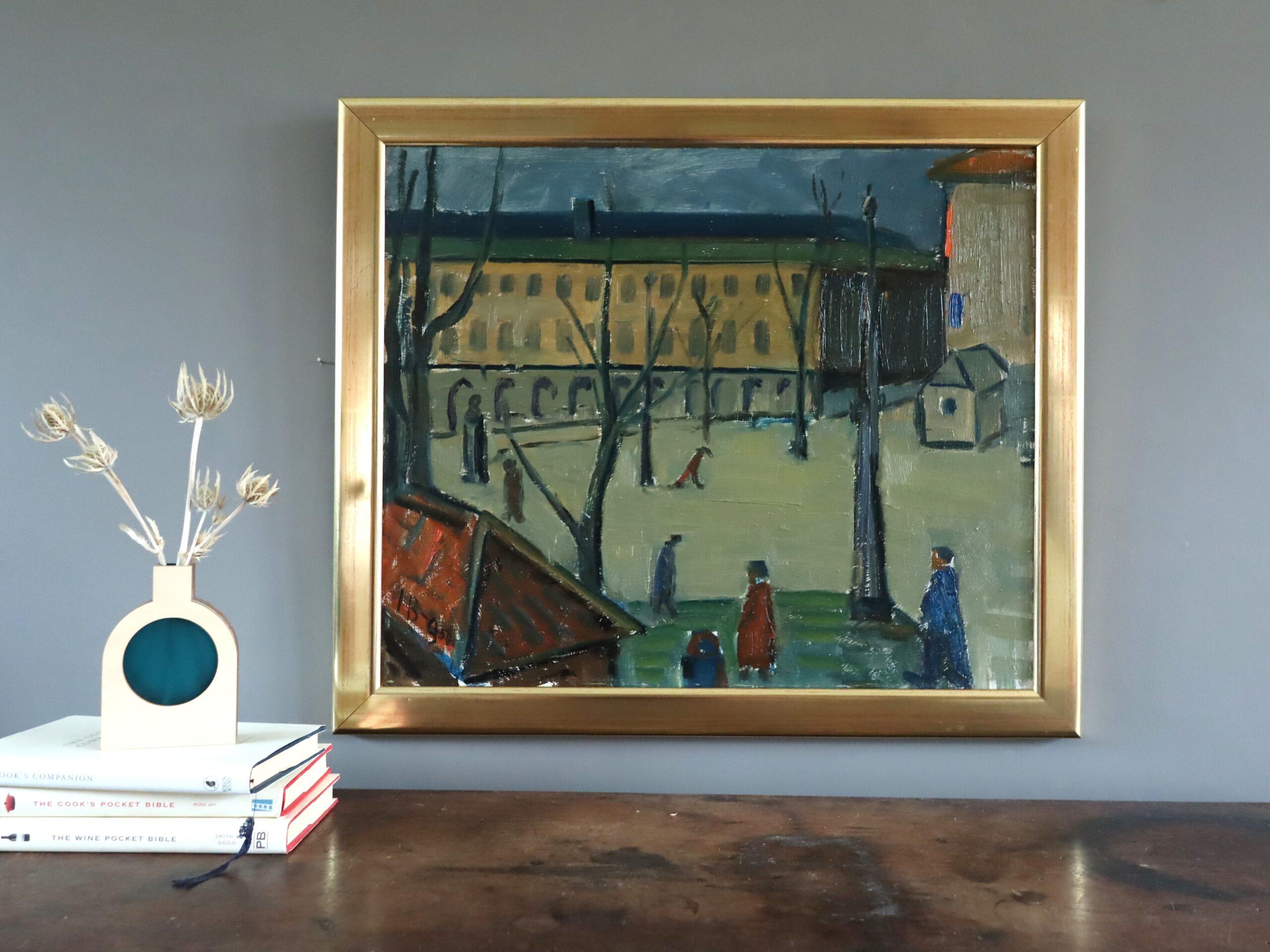Pittura ad olio di una scena di strada espressiva della metà del secolo scorso - Momenti di passaggio - Painting Moderno di Unknown