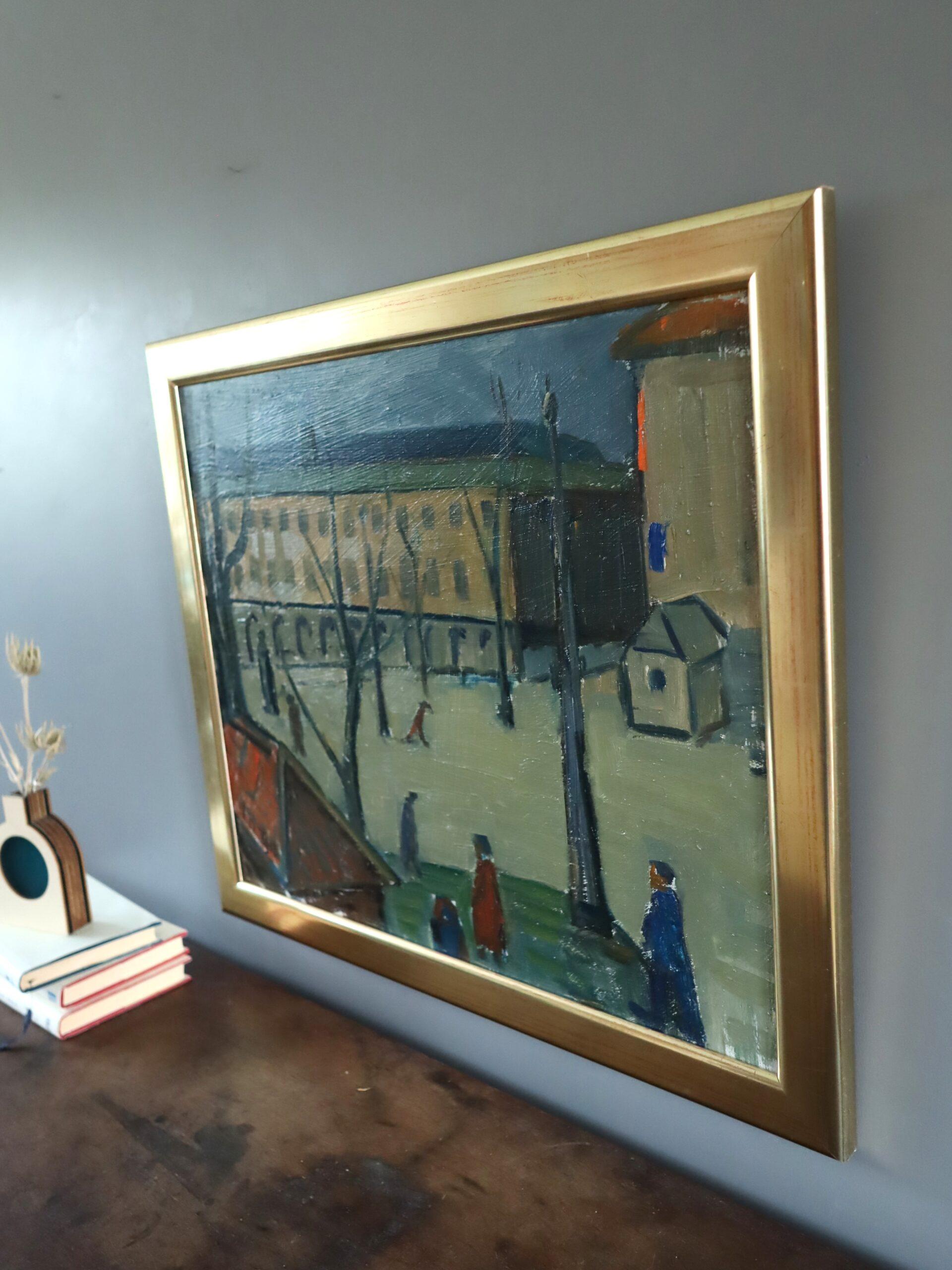 Pittura ad olio di una scena di strada espressiva della metà del secolo scorso - Momenti di passaggio in vendita 1
