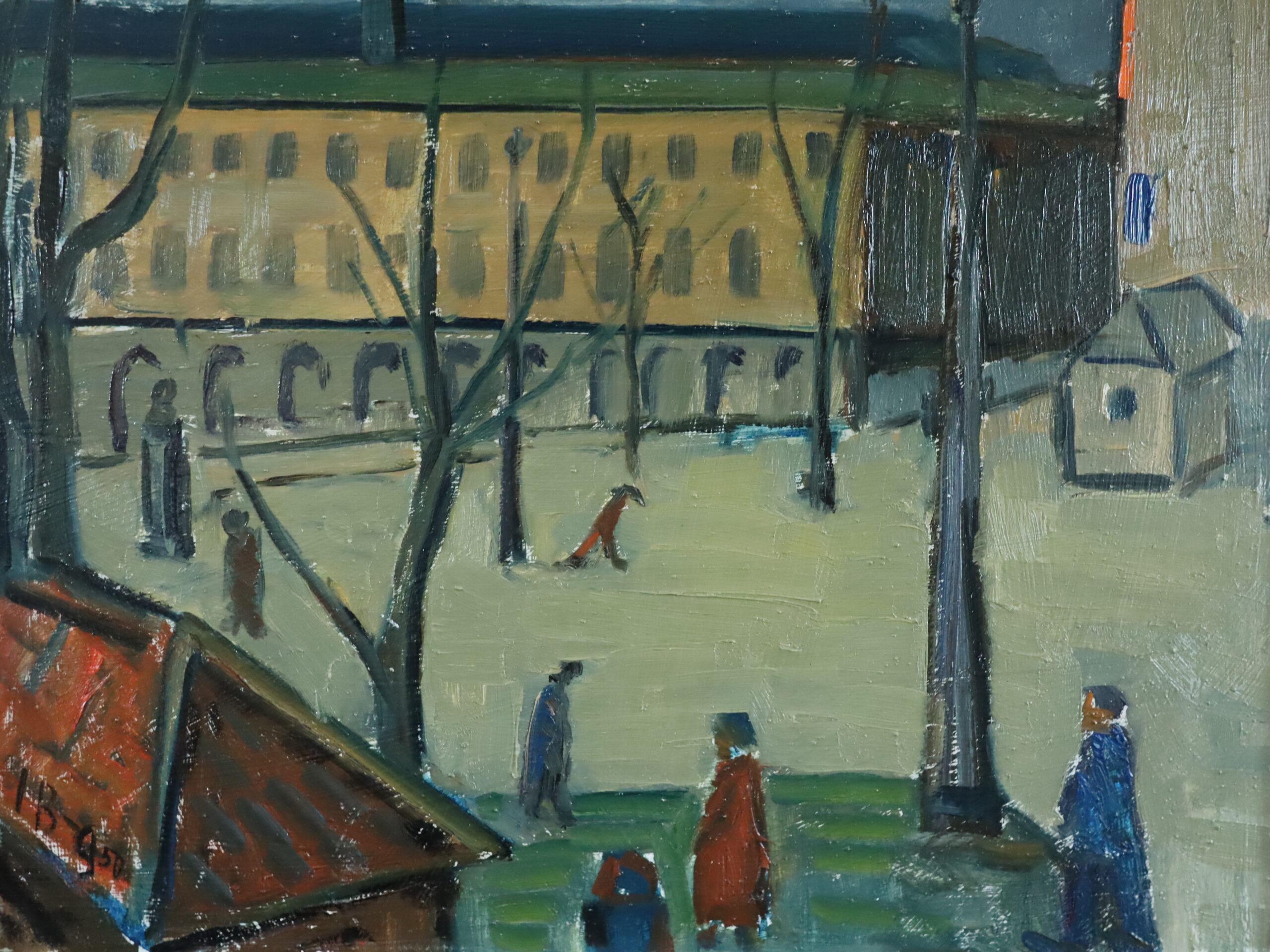 Pittura ad olio di una scena di strada espressiva della metà del secolo scorso - Momenti di passaggio in vendita 4