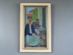 Mid Century Modern Expressive Swedish Figurative Oil Painting - Cafe Corner