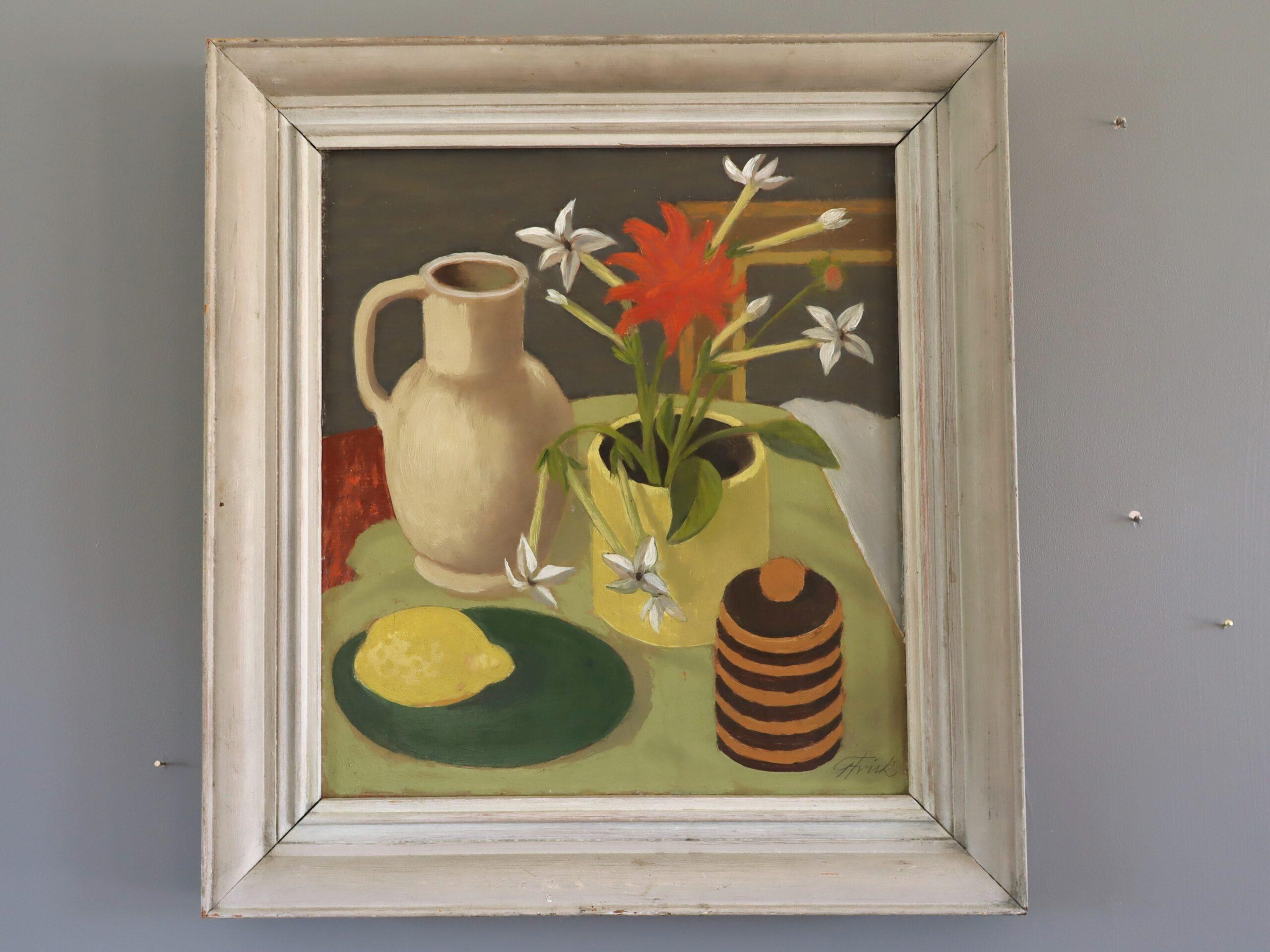 Mid Century Modern Expressive Swedish Still Life Oil Painting - Lemon & Blooms - Brown Still-Life Painting by Unknown
