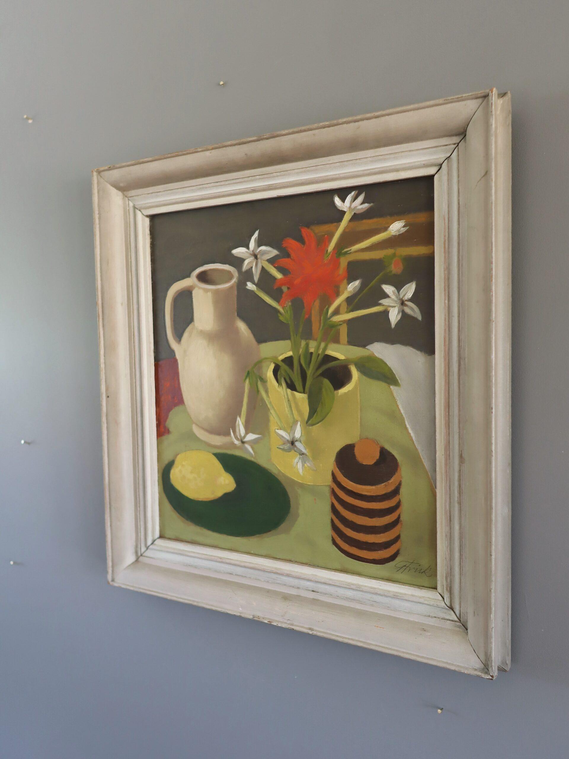 Mid Century Modern Expressive Swedish Still Life Oil Painting - Lemon & Blooms For Sale 1