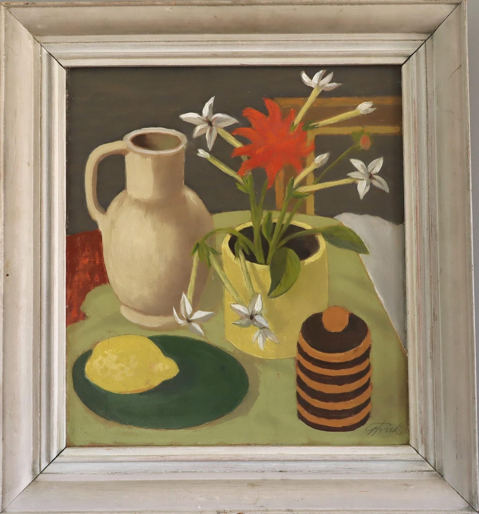 Unknown Still-Life Painting - Mid Century Modern Expressive Swedish Still Life Oil Painting - Lemon & Blooms