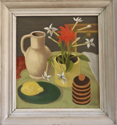 Mid Century Modern Expressive Swedish Still Life Oil Painting - Lemon & Blooms