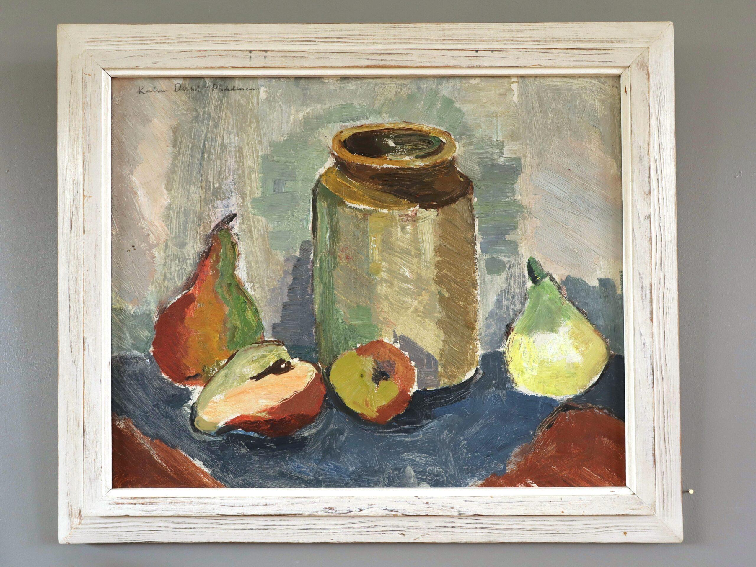 Pittura ad olio di una natura morta svedese espressiva del Medio Secolo Moderno -  Pere e barattolo - Painting di Unknown