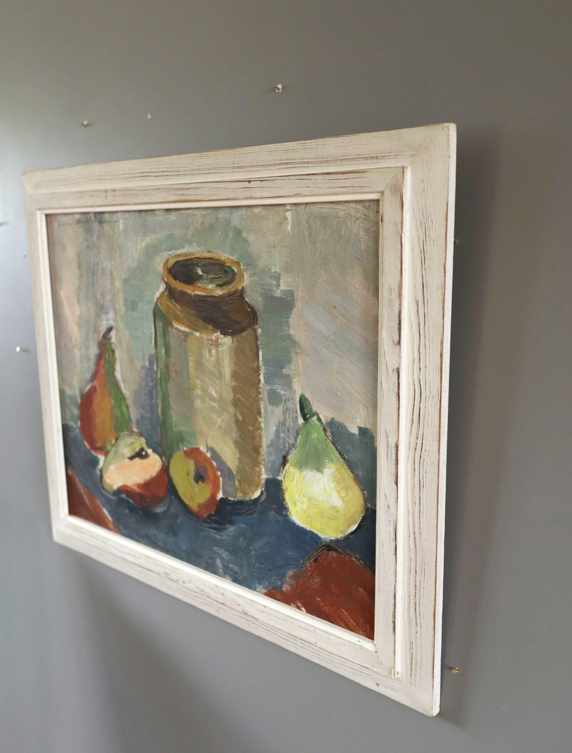 Pittura ad olio di una natura morta svedese espressiva del Medio Secolo Moderno -  Pere e barattolo in vendita 1