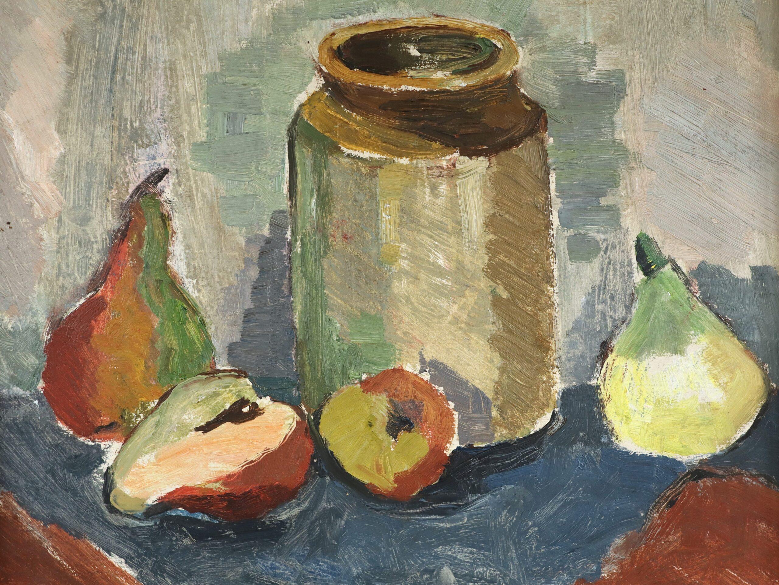 Pittura ad olio di una natura morta svedese espressiva del Medio Secolo Moderno -  Pere e barattolo in vendita 3