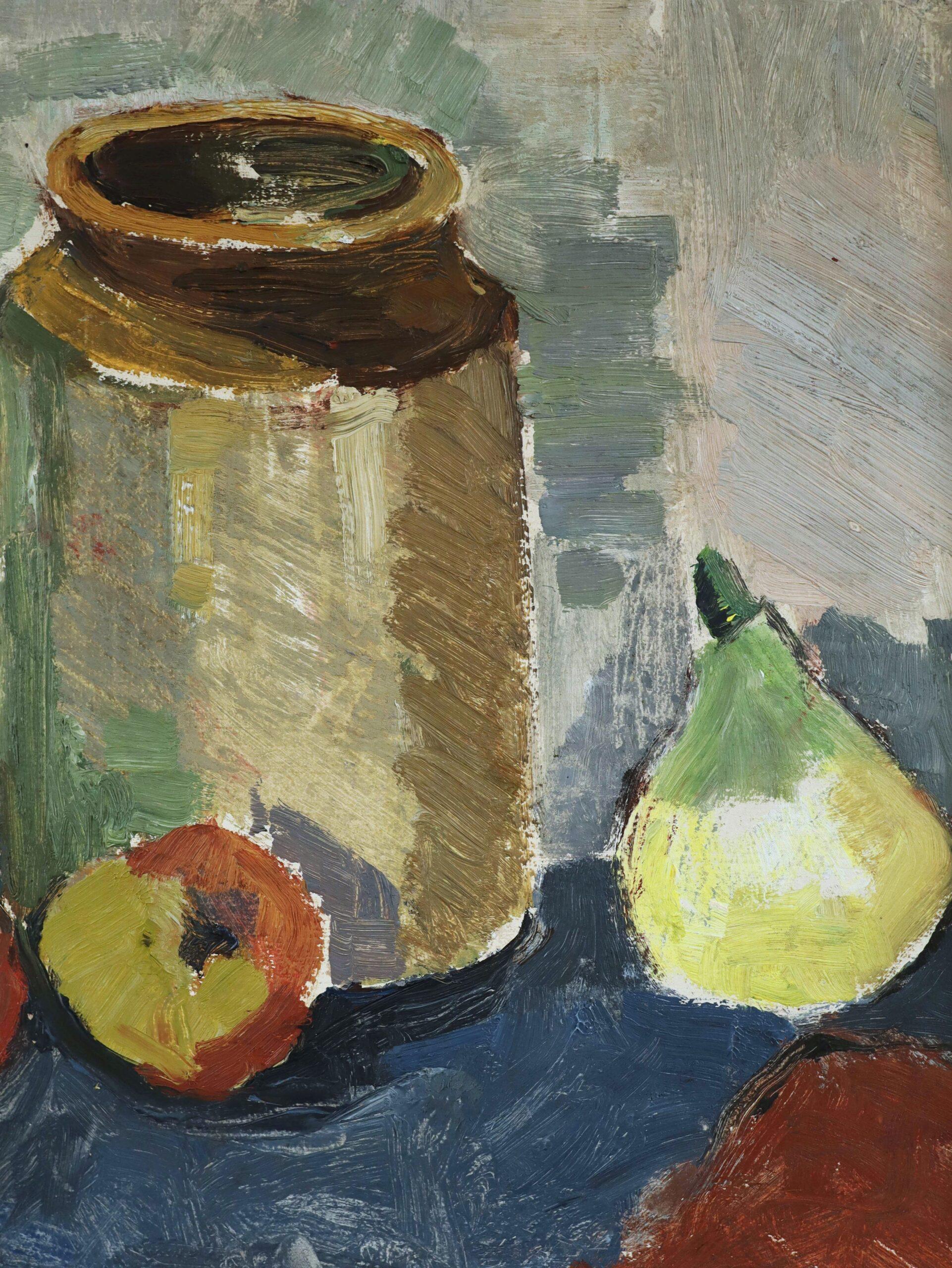 Pittura ad olio di una natura morta svedese espressiva del Medio Secolo Moderno -  Pere e barattolo in vendita 4