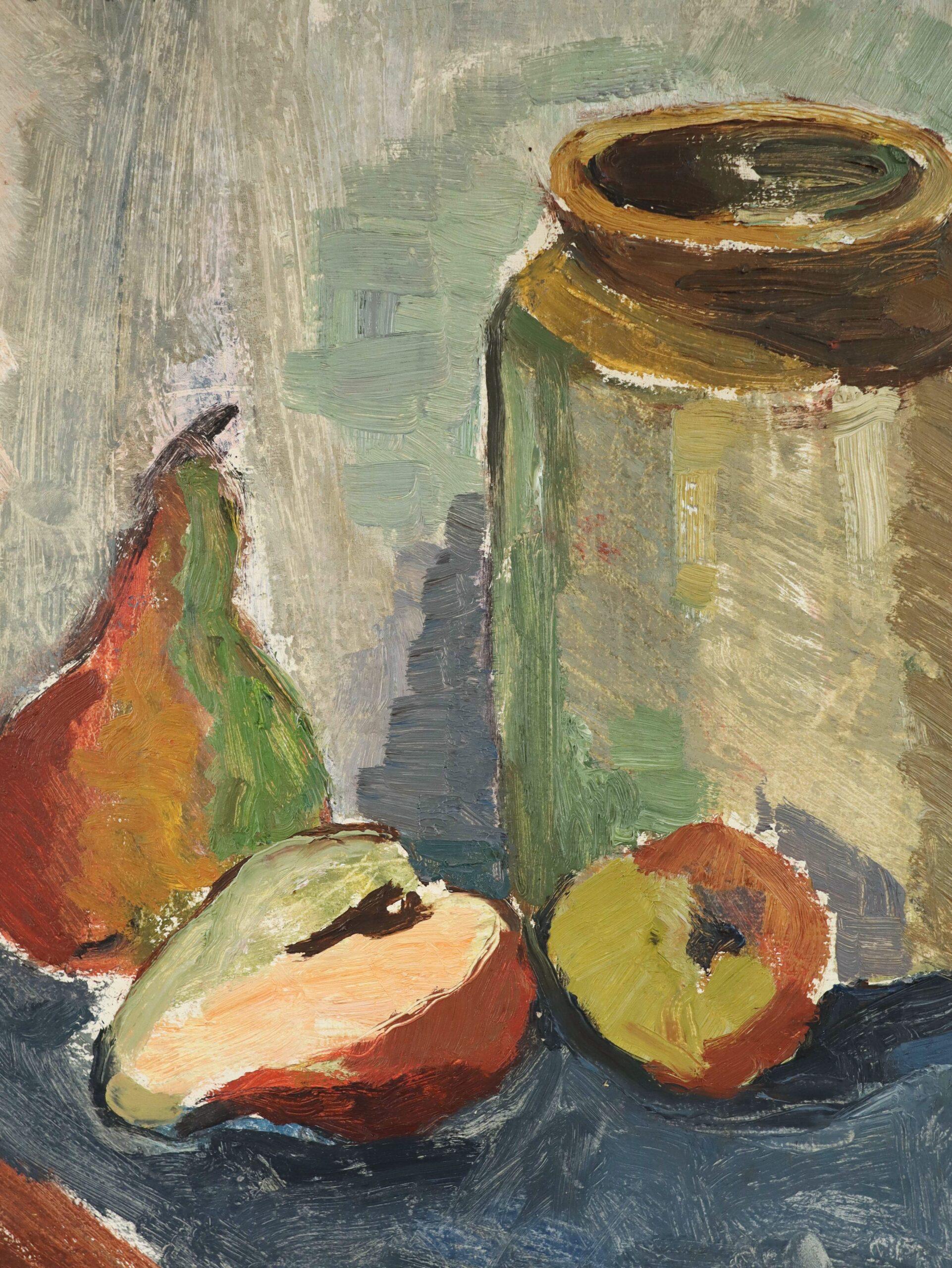 Pittura ad olio di una natura morta svedese espressiva del Medio Secolo Moderno -  Pere e barattolo in vendita 5