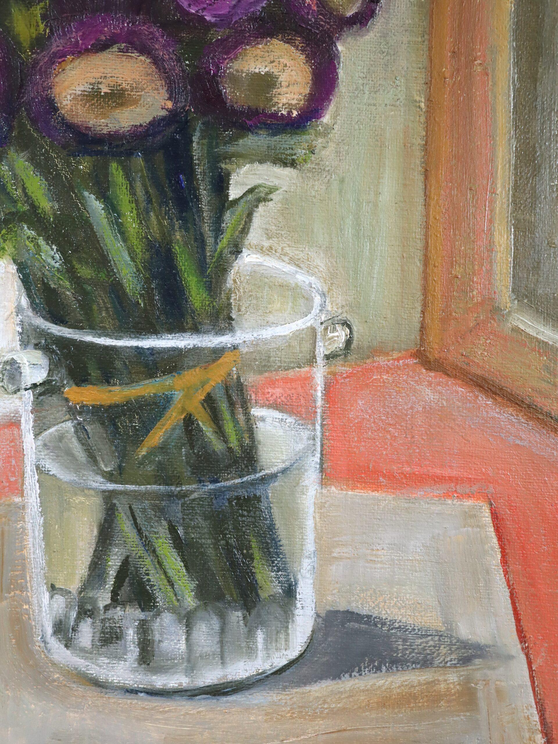 Mid Century Modern Ausdrucksstarkes Schwedisches Stillleben Ölgemälde - Lila Blüten im Angebot 6
