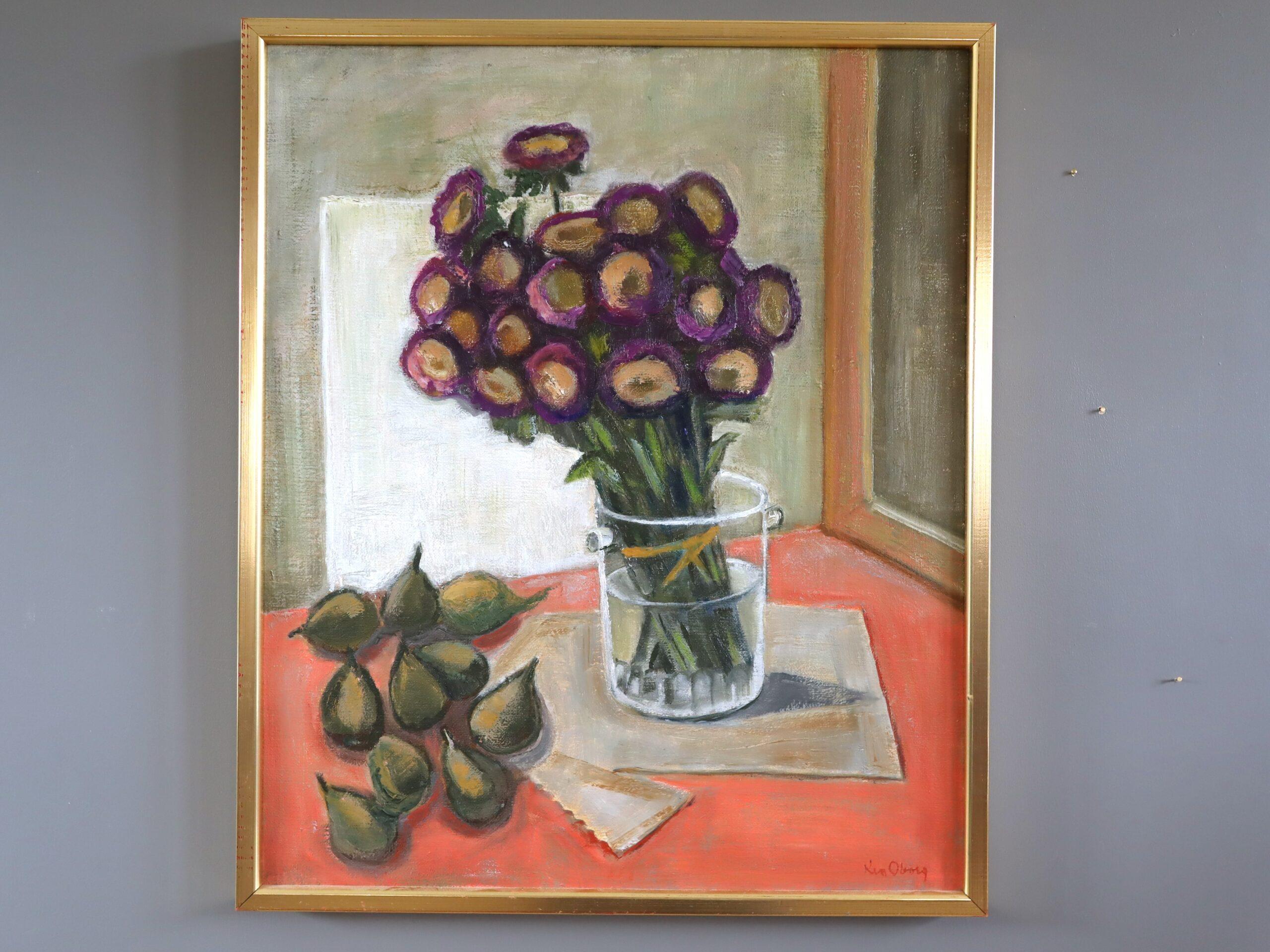 Mid Century Modern Ausdrucksstarkes Schwedisches Stillleben Ölgemälde - Lila Blüten – Painting von Unknown