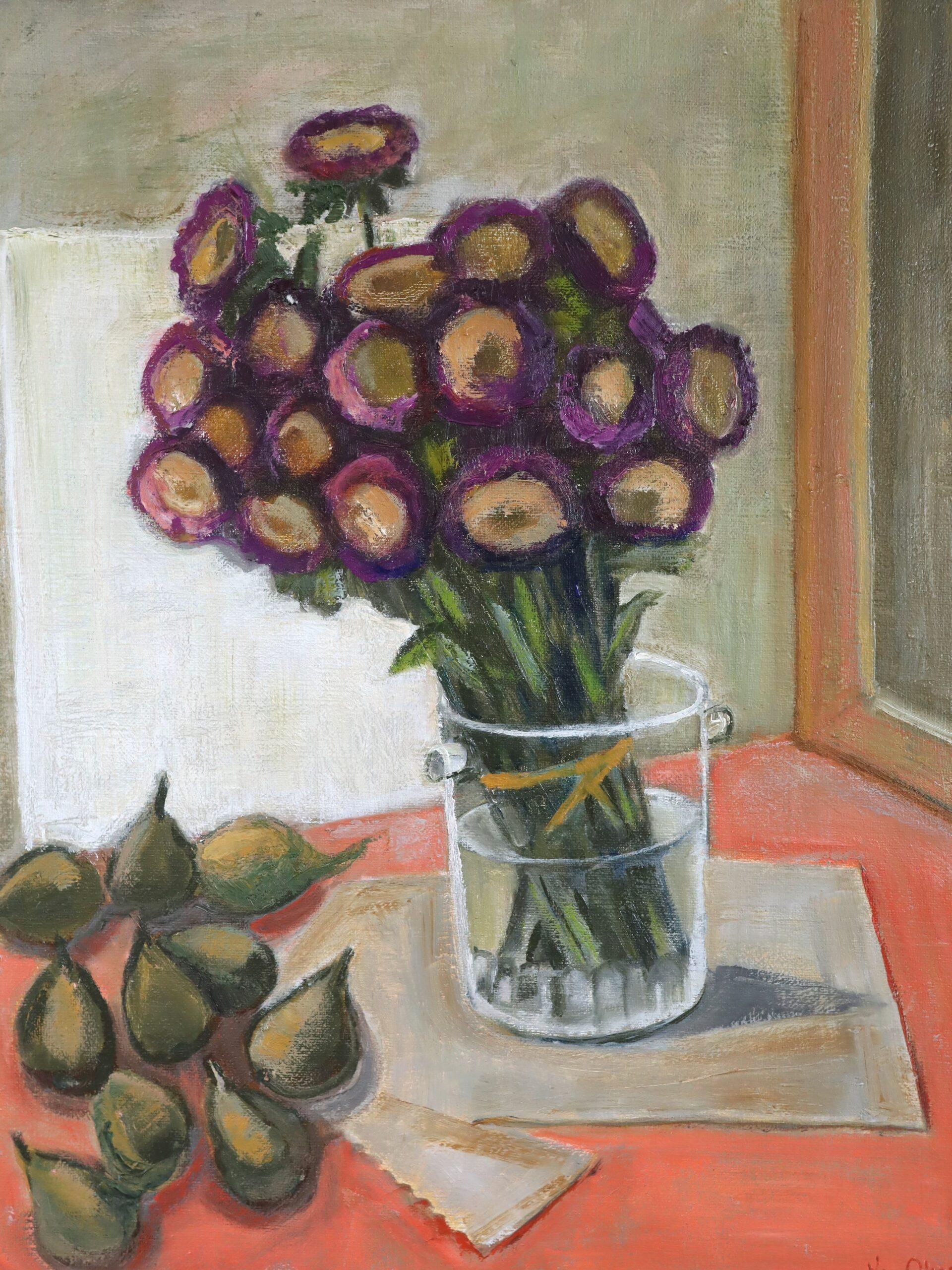 Mid Century Modern Ausdrucksstarkes Schwedisches Stillleben Ölgemälde - Lila Blüten im Angebot 3