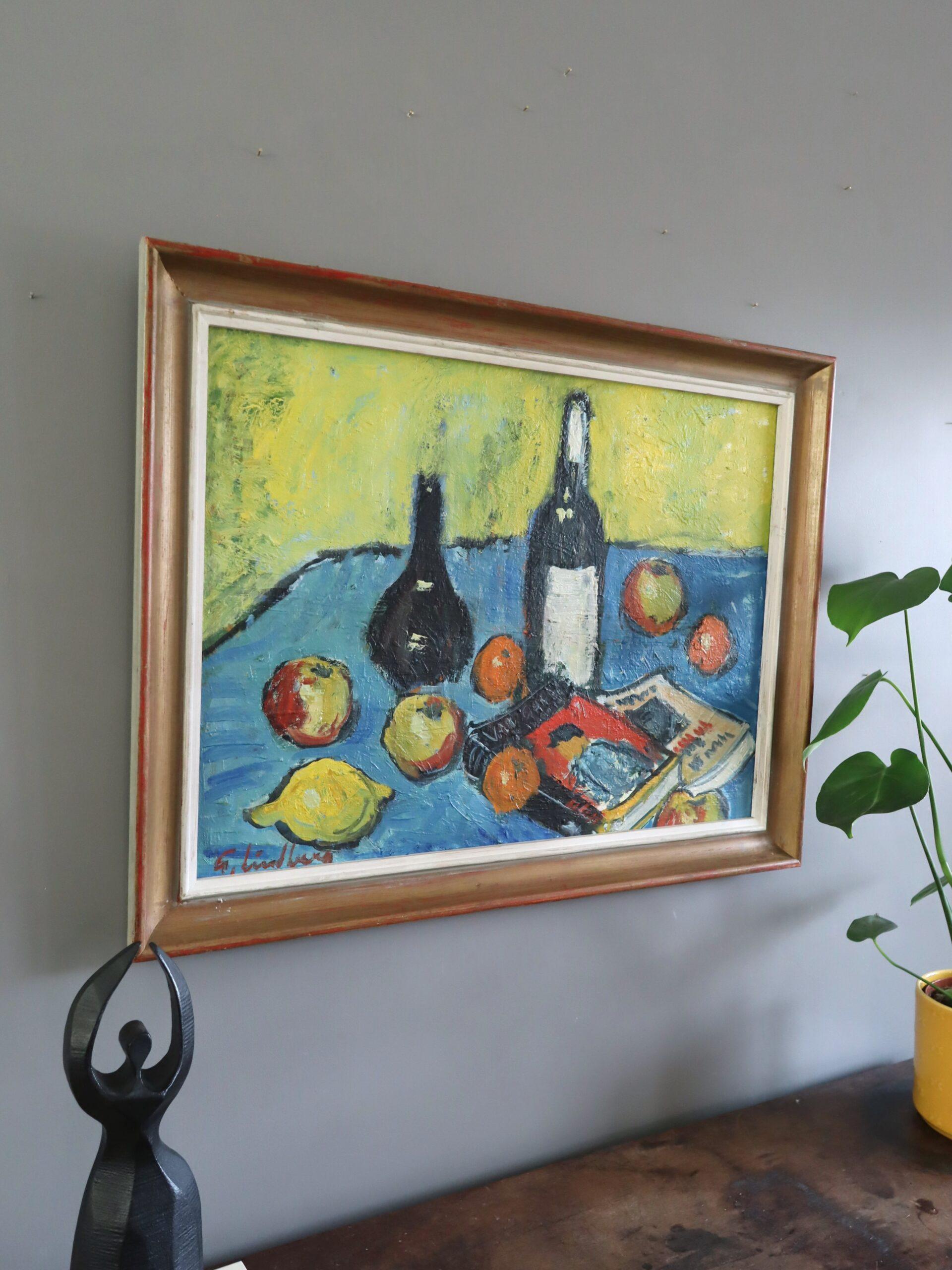 Nature morte suédoise expressive du milieu du siècle dernier - Lemon & Literature - Marron Still-Life Painting par Unknown