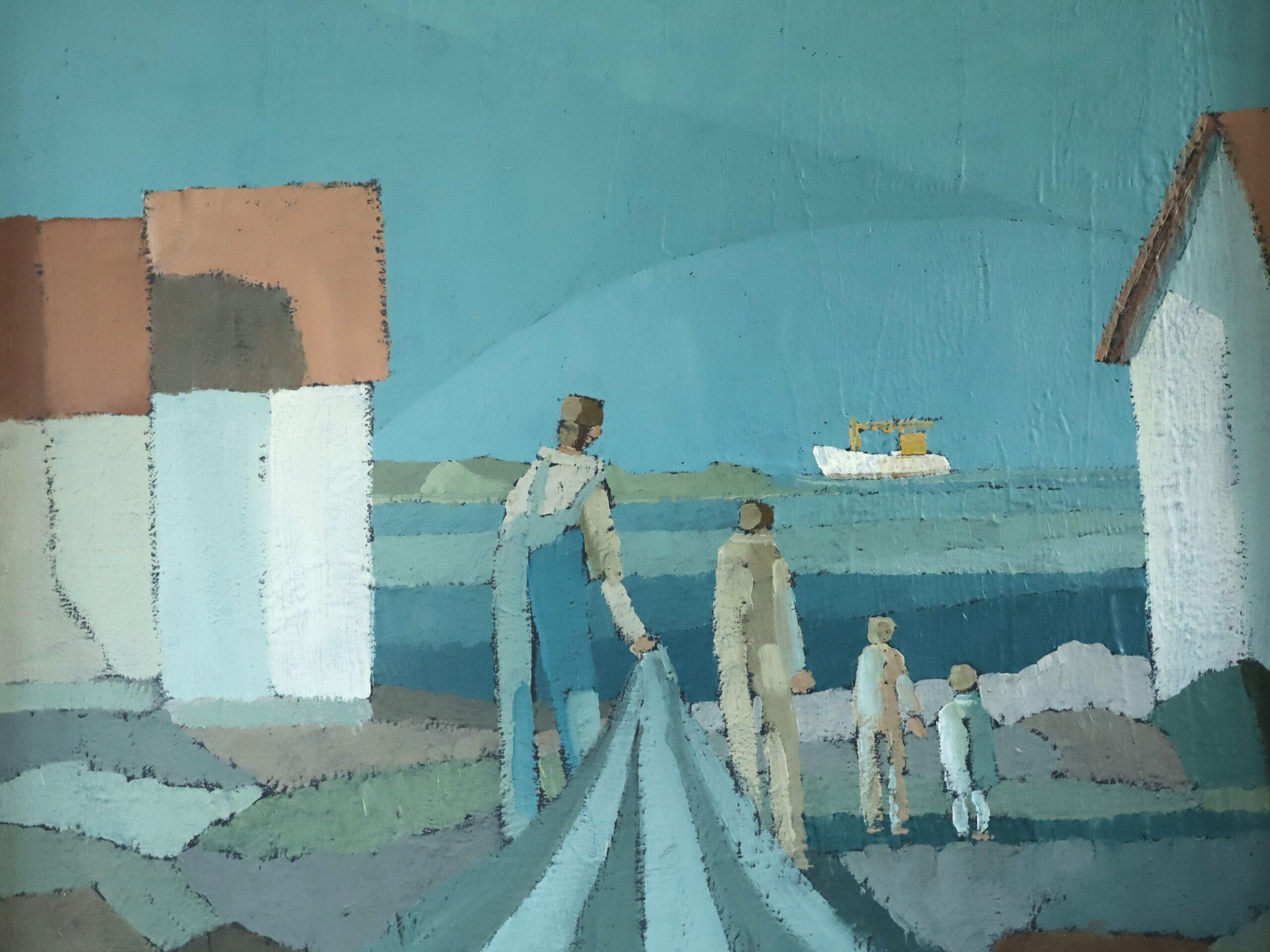 Mid Century Modern Figurative Küstenlandschaft Ölgemälde - Leben am Wasser im Angebot 5