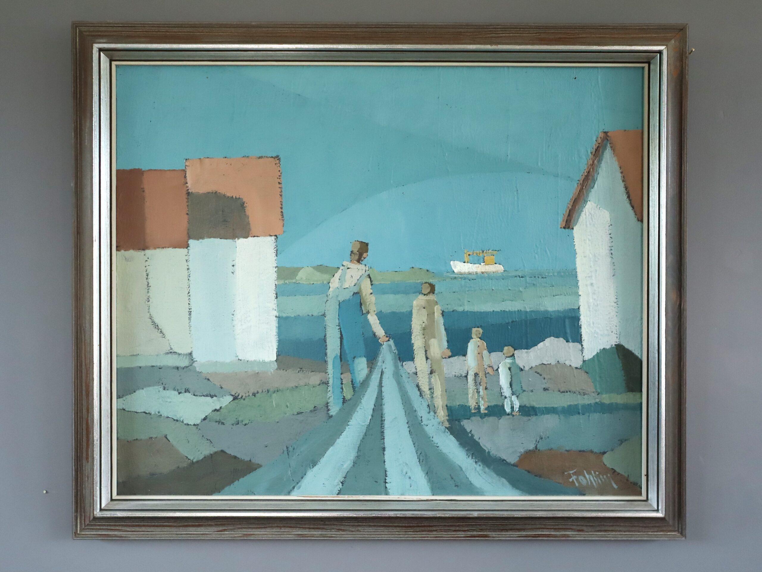 Mid Century Modern Figurative Küstenlandschaft Ölgemälde - Leben am Wasser – Painting von Unknown
