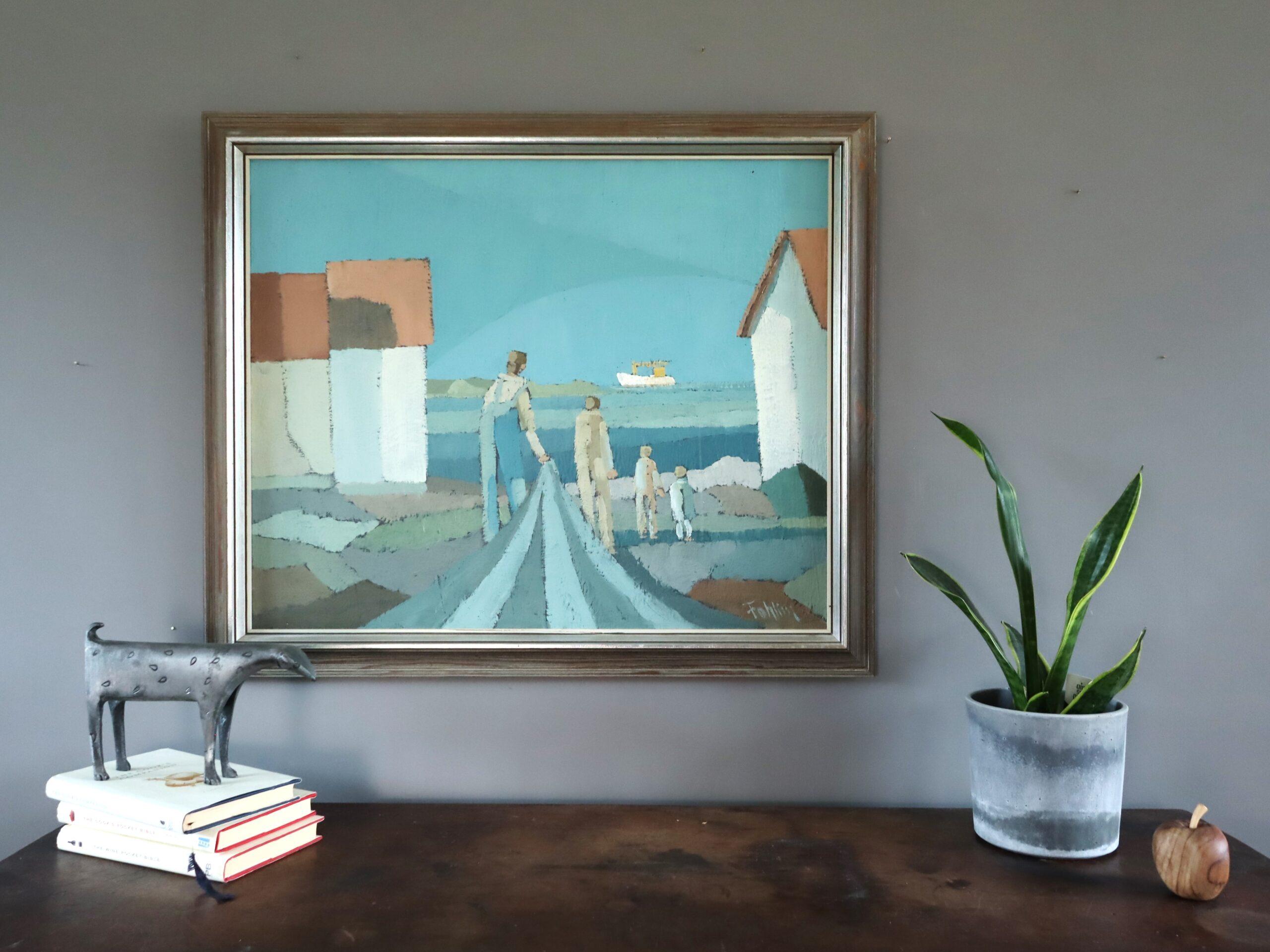 Mid Century Modern Figurative Küstenlandschaft Ölgemälde - Leben am Wasser (Moderne), Painting, von Unknown