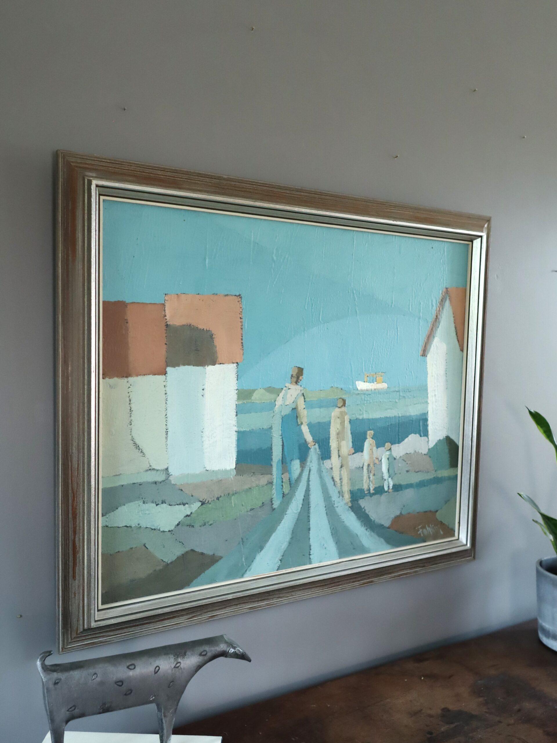 Mid Century Modern Figurative Küstenlandschaft Ölgemälde - Leben am Wasser (Grau), Landscape Painting, von Unknown