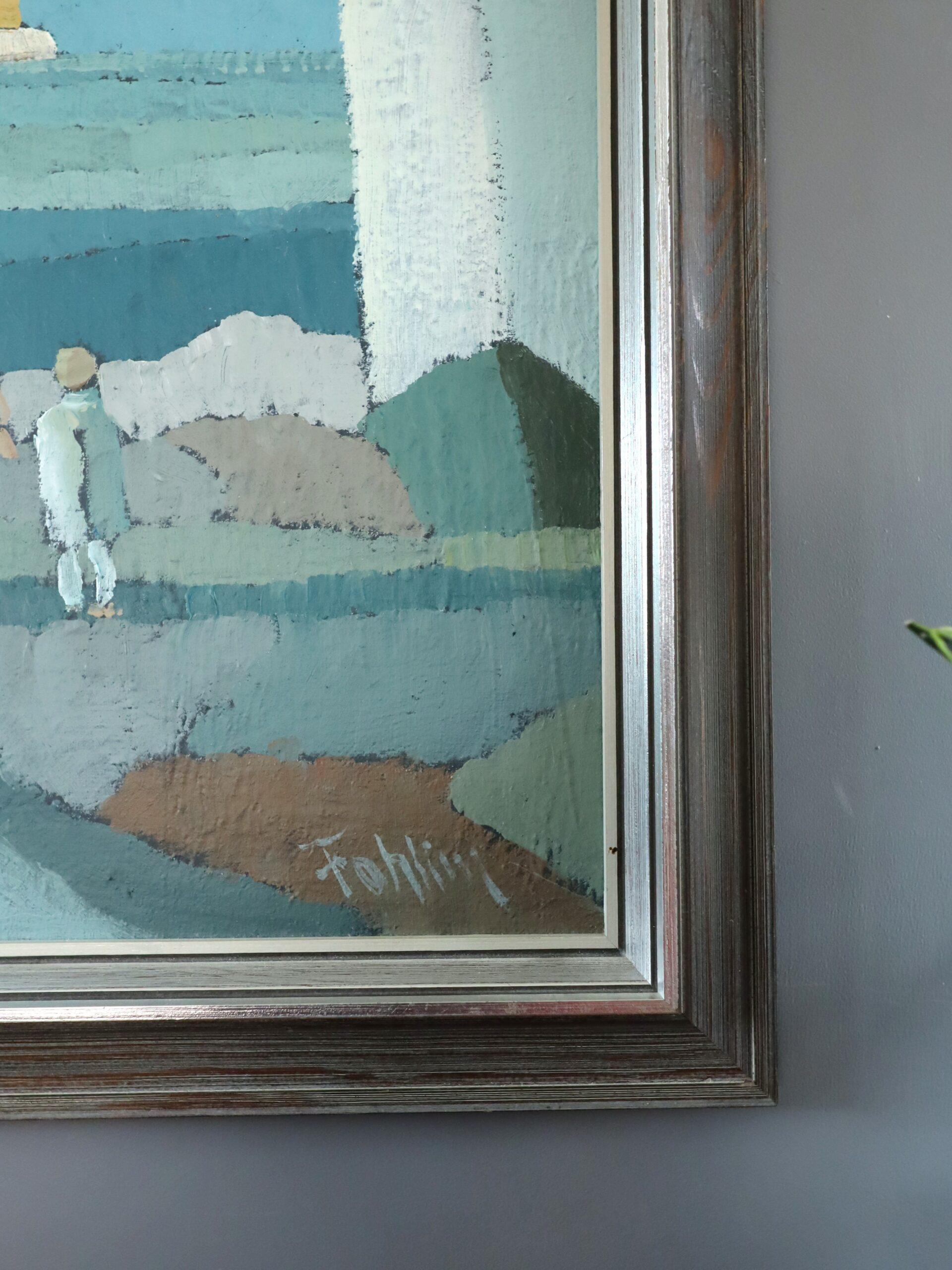 Mid Century Modern Figurative Küstenlandschaft Ölgemälde - Leben am Wasser im Angebot 2