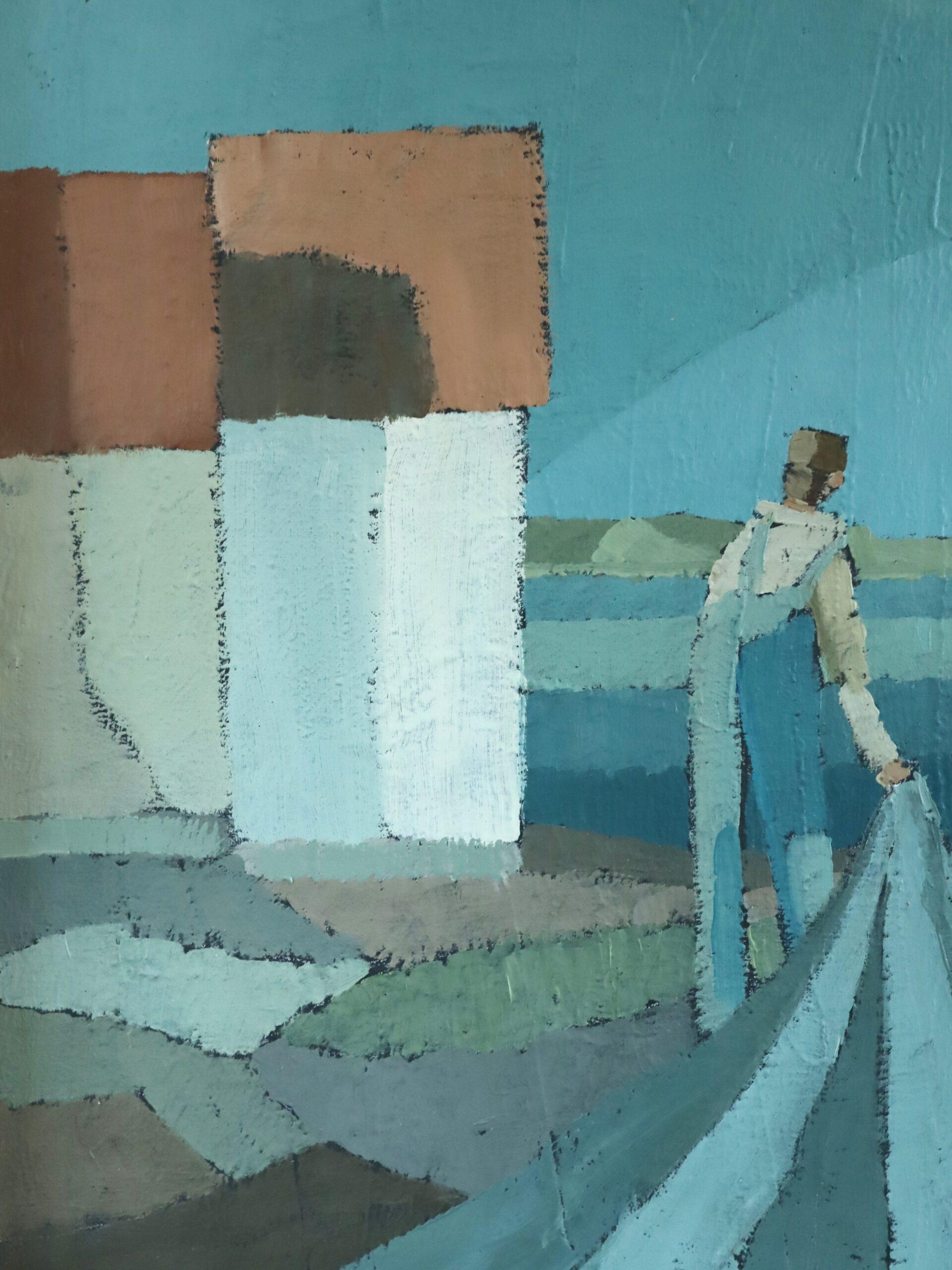 Mid Century Modern Figurative Küstenlandschaft Ölgemälde - Leben am Wasser im Angebot 3