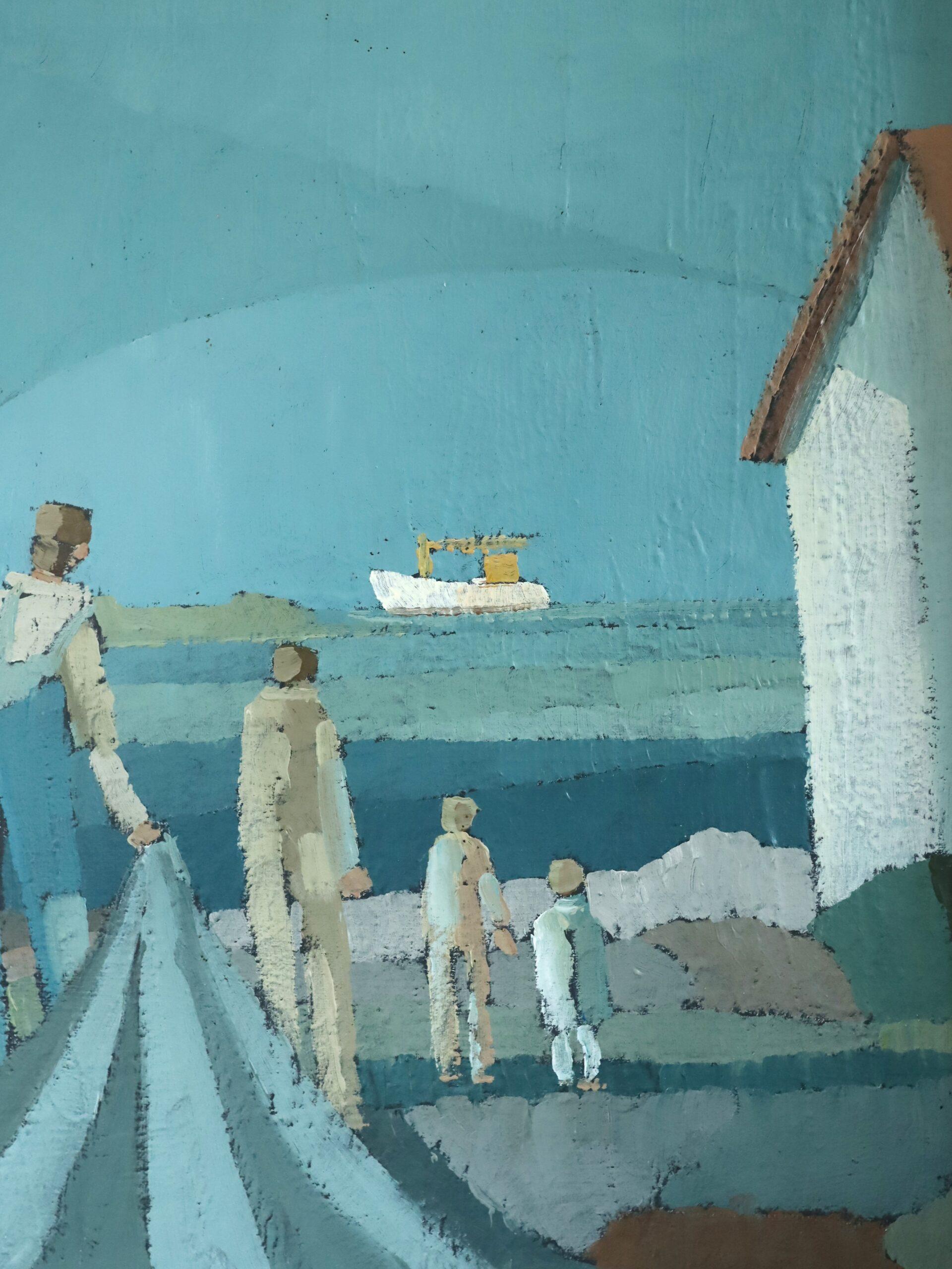 Mid Century Modern Figurative Küstenlandschaft Ölgemälde - Leben am Wasser im Angebot 4