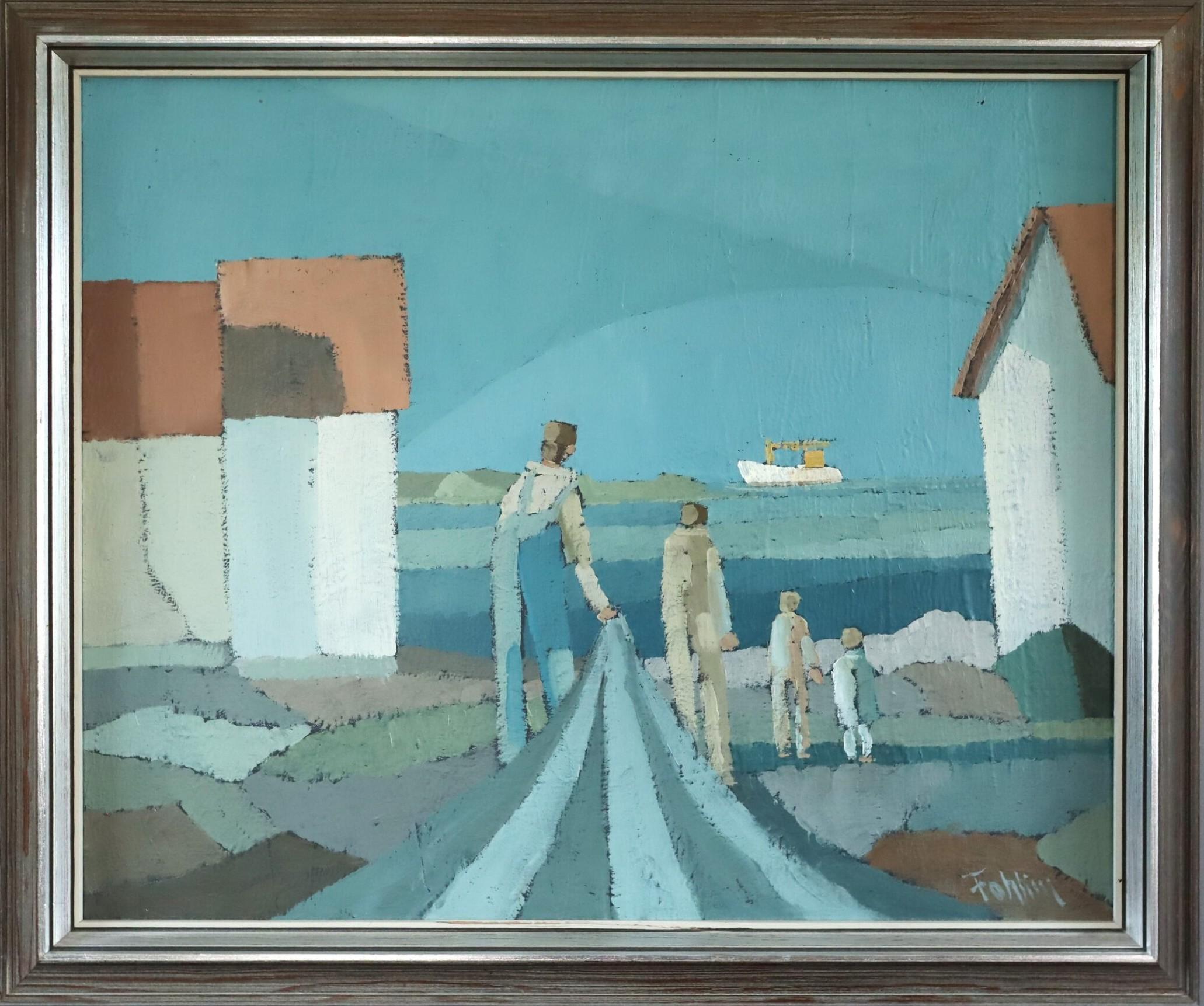 Unknown Landscape Painting – Mid Century Modern Figurative Küstenlandschaft Ölgemälde - Leben am Wasser