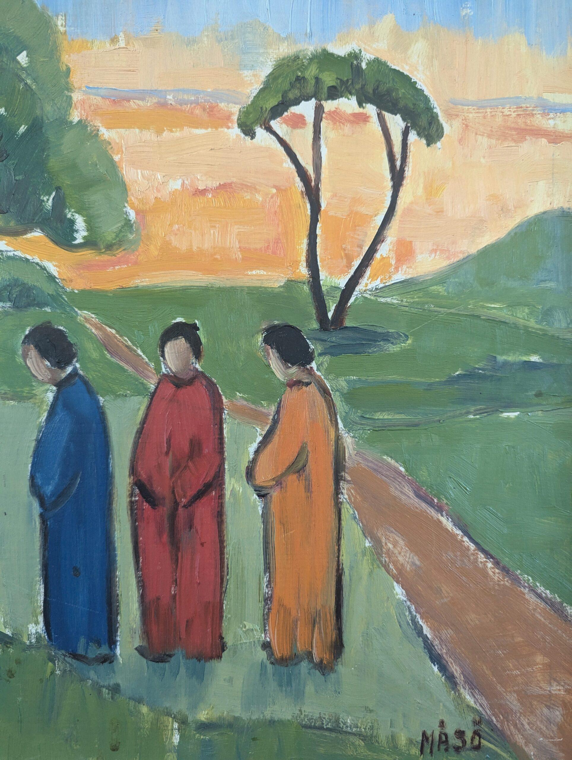 Pittura ad olio figurativa di paesaggio della metà del secolo scorso - Riflessi di sera in vendita 5