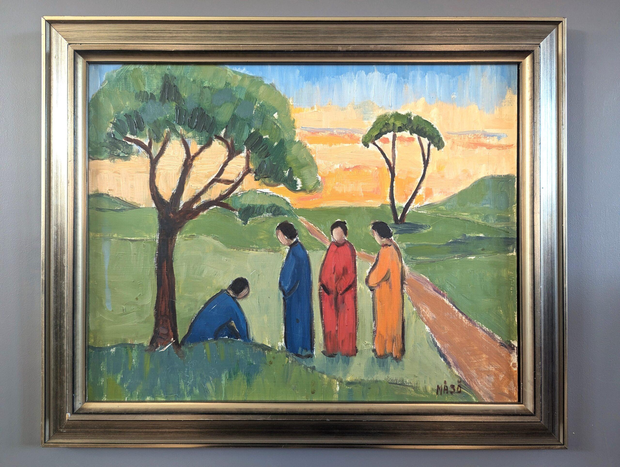 Pittura ad olio figurativa di paesaggio della metà del secolo scorso - Riflessi di sera - Painting di Unknown