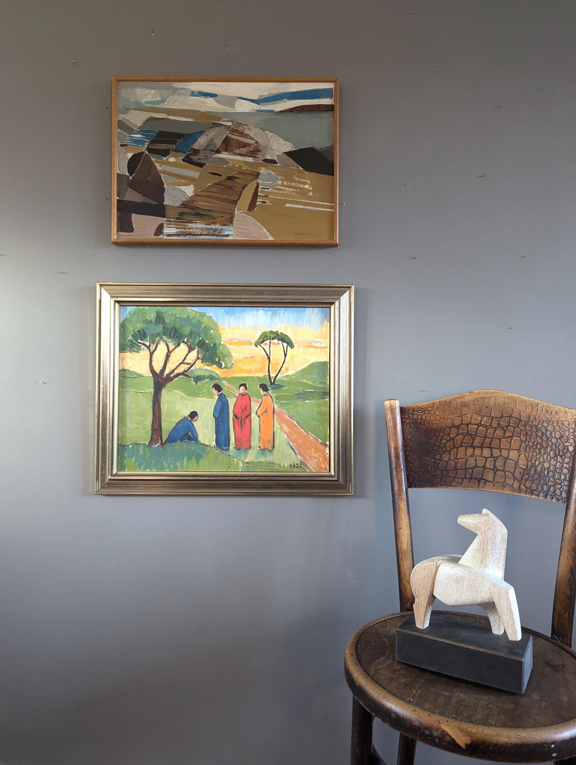 Pittura ad olio figurativa di paesaggio della metà del secolo scorso - Riflessi di sera - Painting Moderno di Unknown