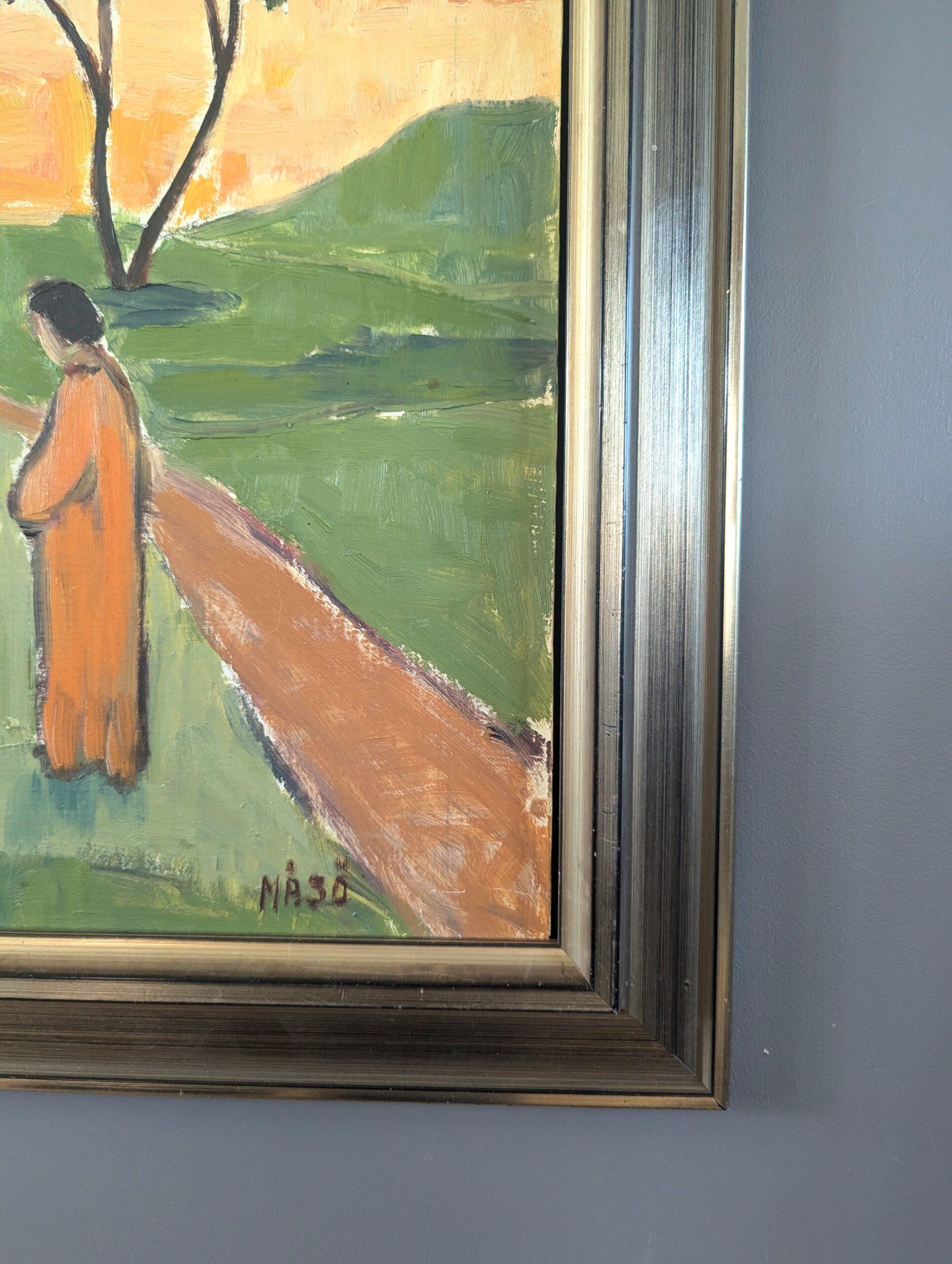 Pittura ad olio figurativa di paesaggio della metà del secolo scorso - Riflessi di sera in vendita 2