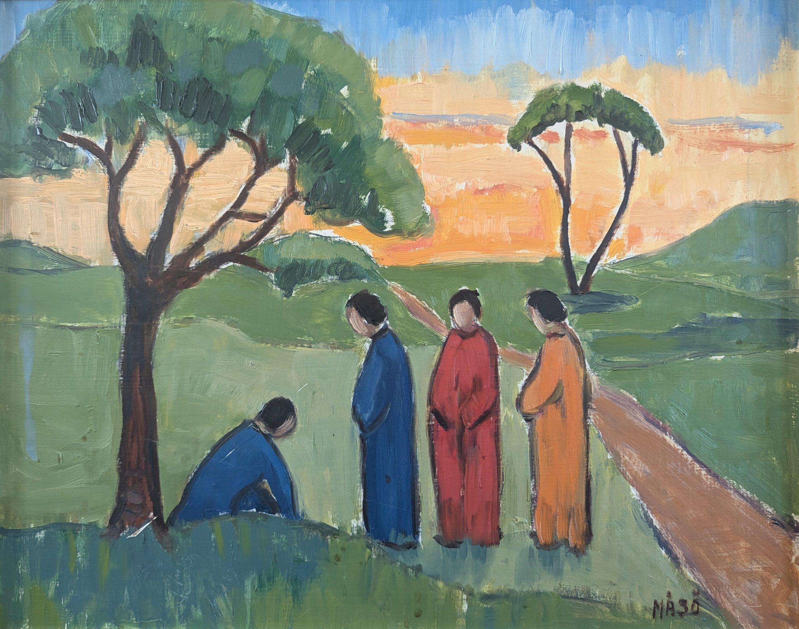 Pittura ad olio figurativa di paesaggio della metà del secolo scorso - Riflessi di sera in vendita 3