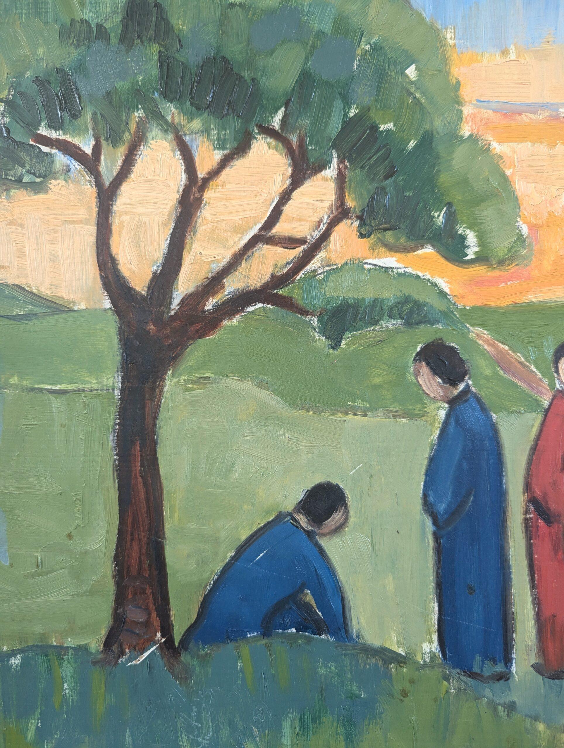 Pittura ad olio figurativa di paesaggio della metà del secolo scorso - Riflessi di sera in vendita 4