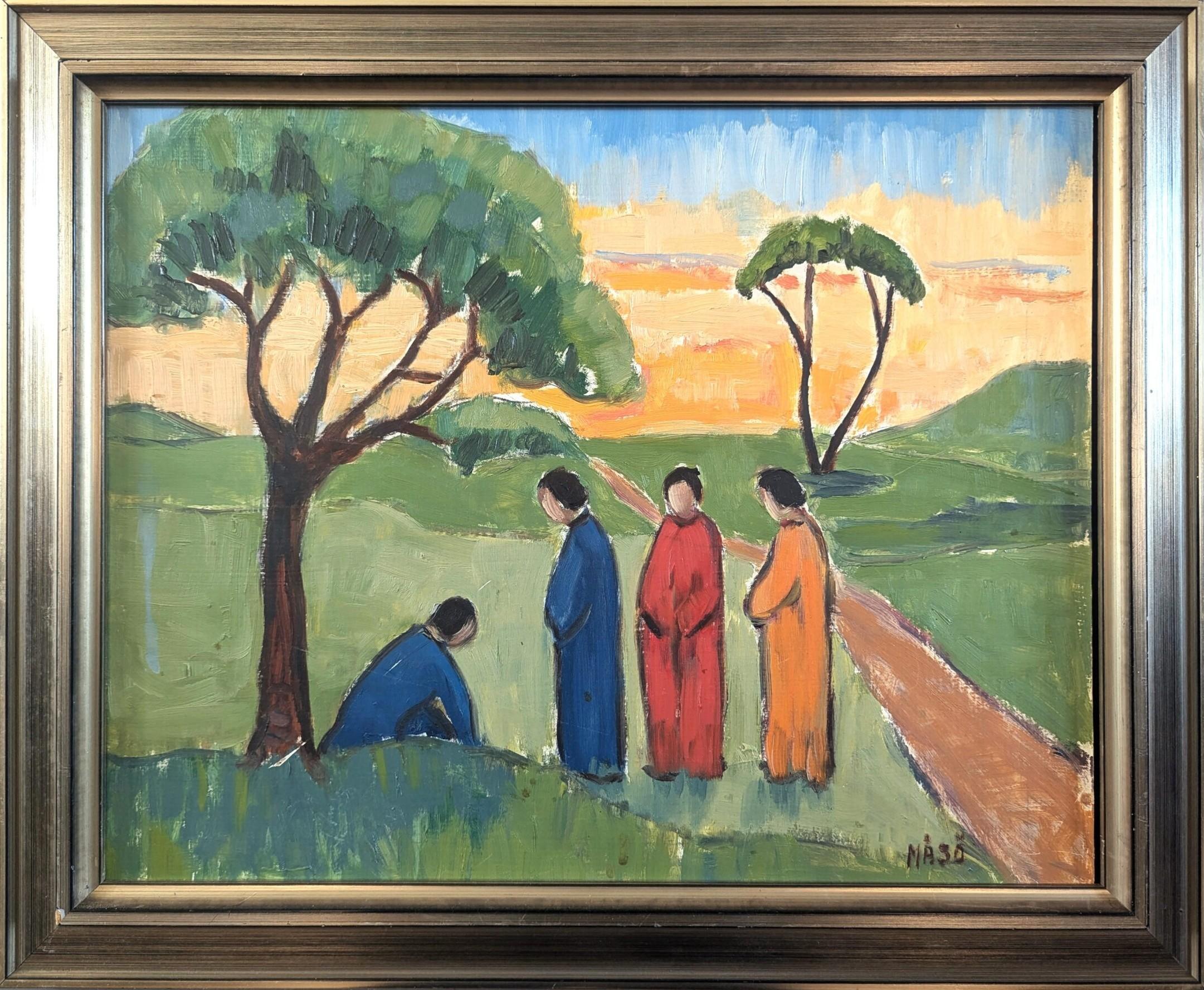 Pittura ad olio figurativa di paesaggio della metà del secolo scorso - Riflessi di sera