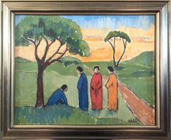Pintura al óleo de paisaje figurativo moderno de mediados de siglo - Reflejos vespertinos