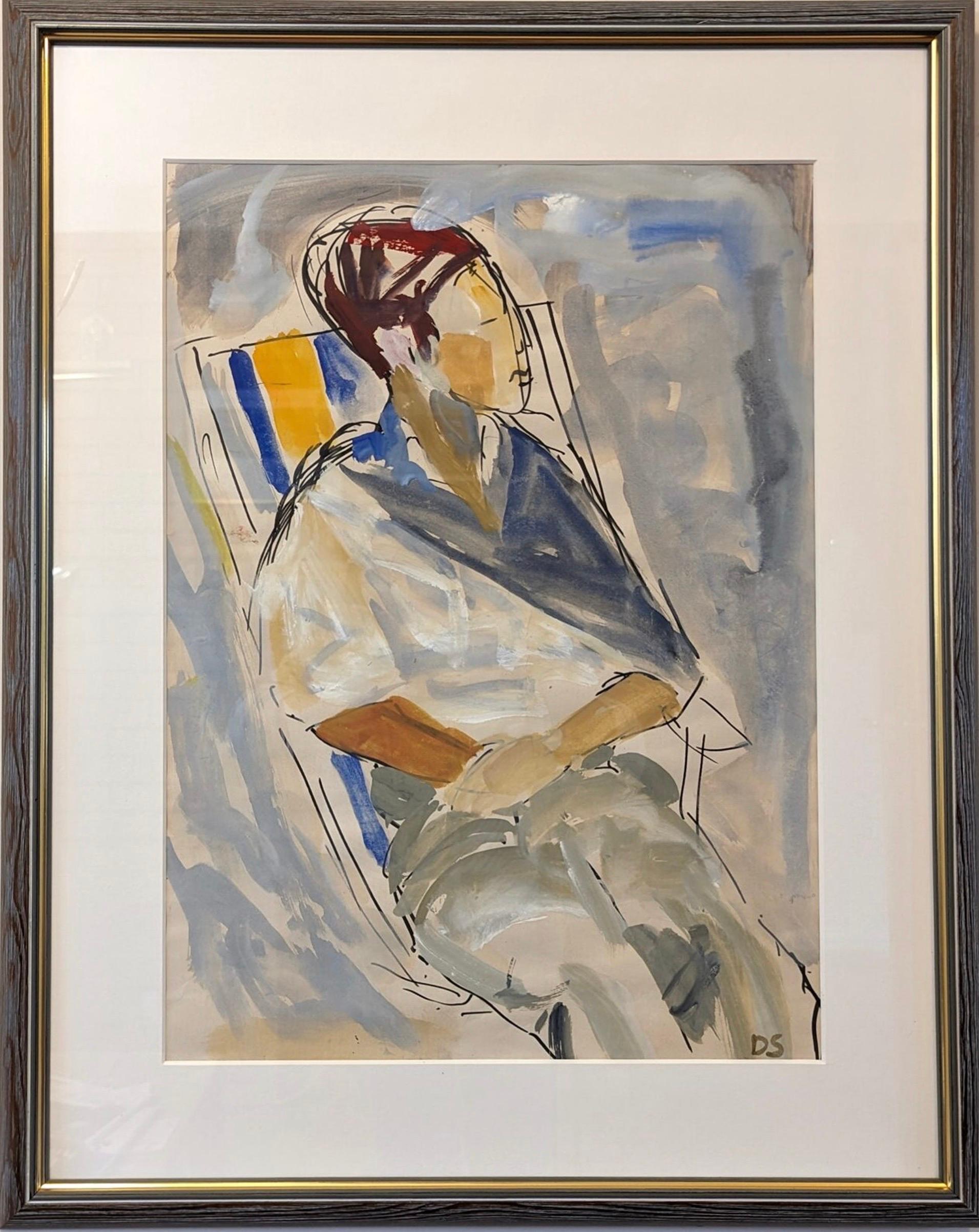 Unknown Figurative Painting - Mid-Century Modern Figurative Portrait Framed Mixed Media Painting - Lounging
