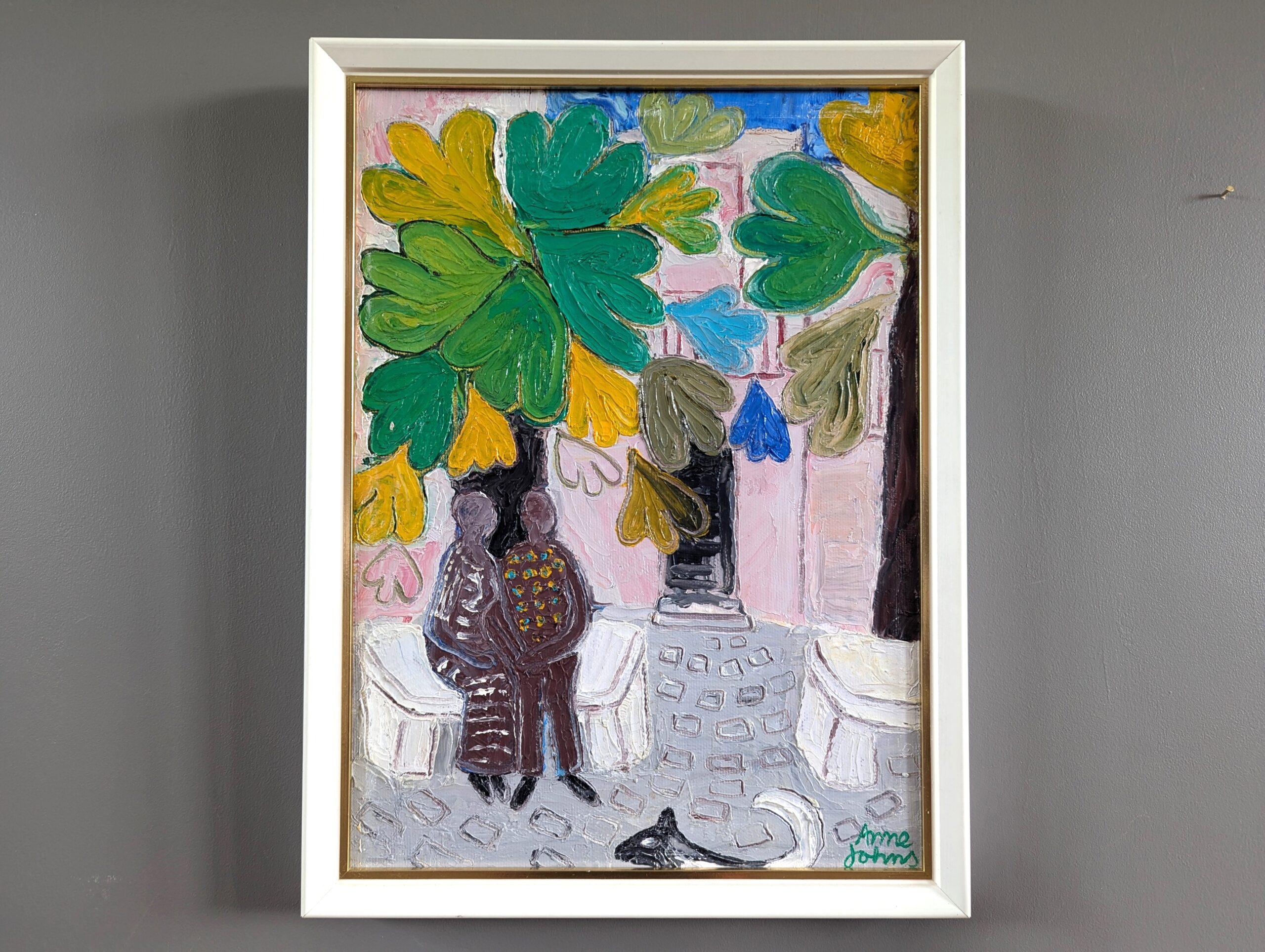 Pittura a olio su strada figurativa moderna di metà secolo - Amore sotto gli alberi - Painting Moderno di Unknown