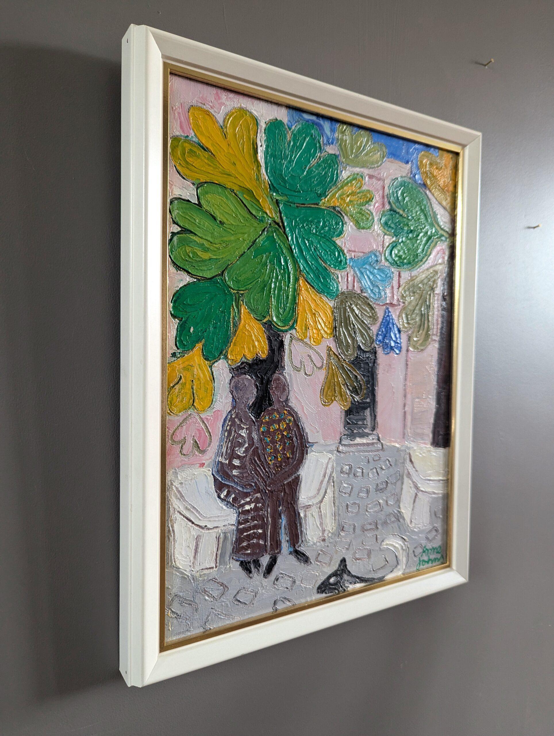 Pittura a olio su strada figurativa moderna di metà secolo - Amore sotto gli alberi in vendita 1