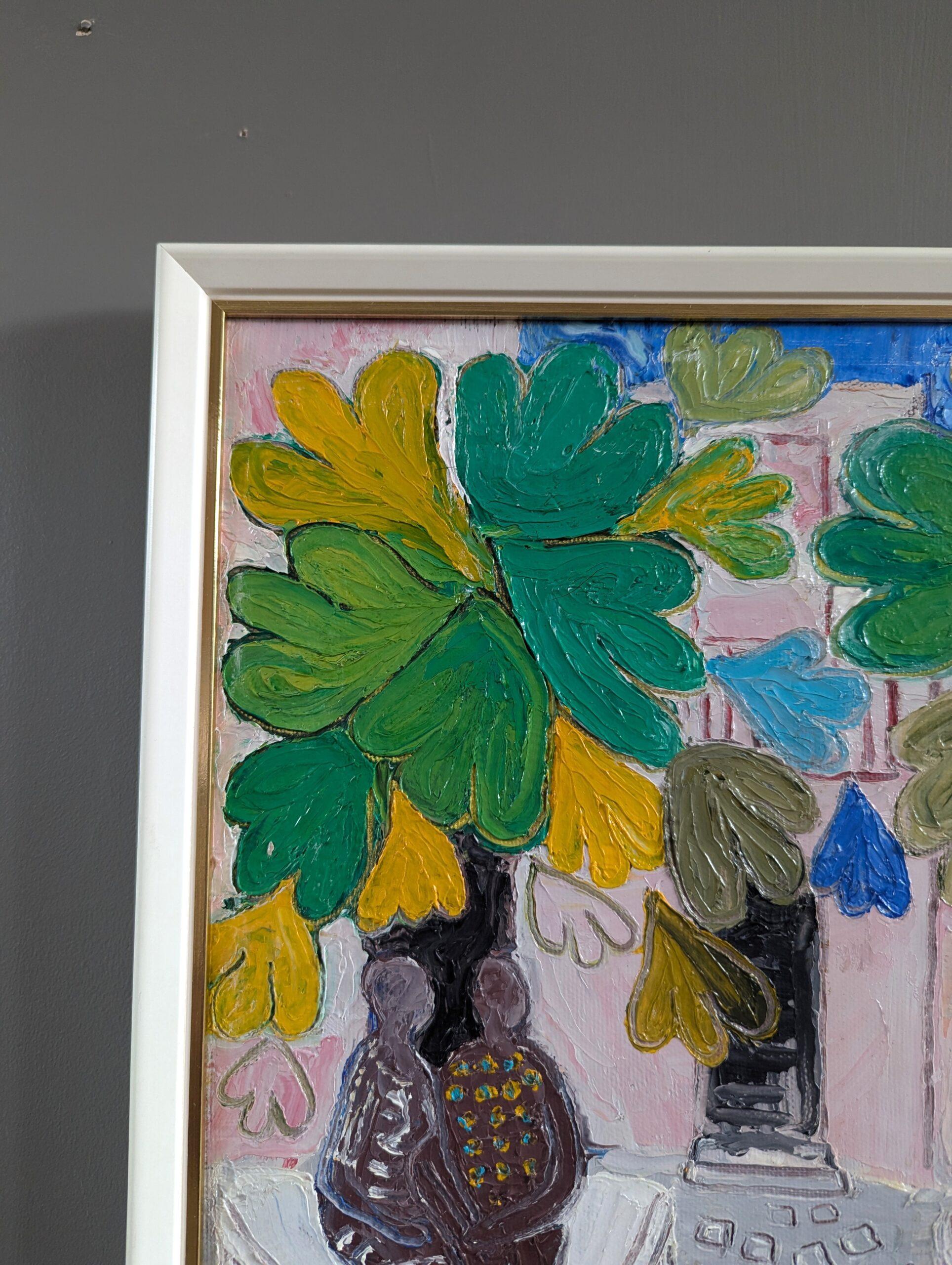 Pittura a olio su strada figurativa moderna di metà secolo - Amore sotto gli alberi in vendita 2