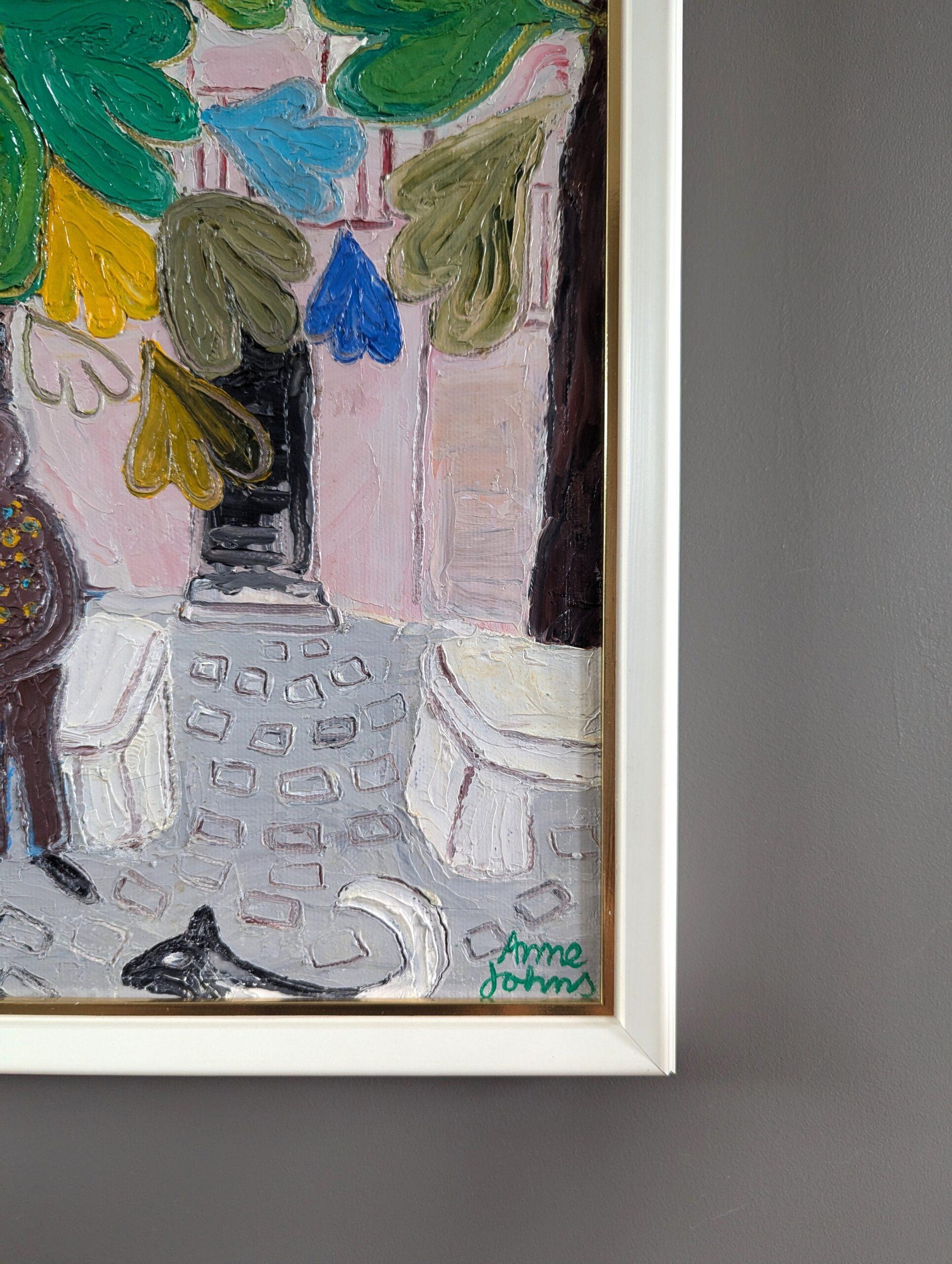 Pittura a olio su strada figurativa moderna di metà secolo - Amore sotto gli alberi in vendita 3